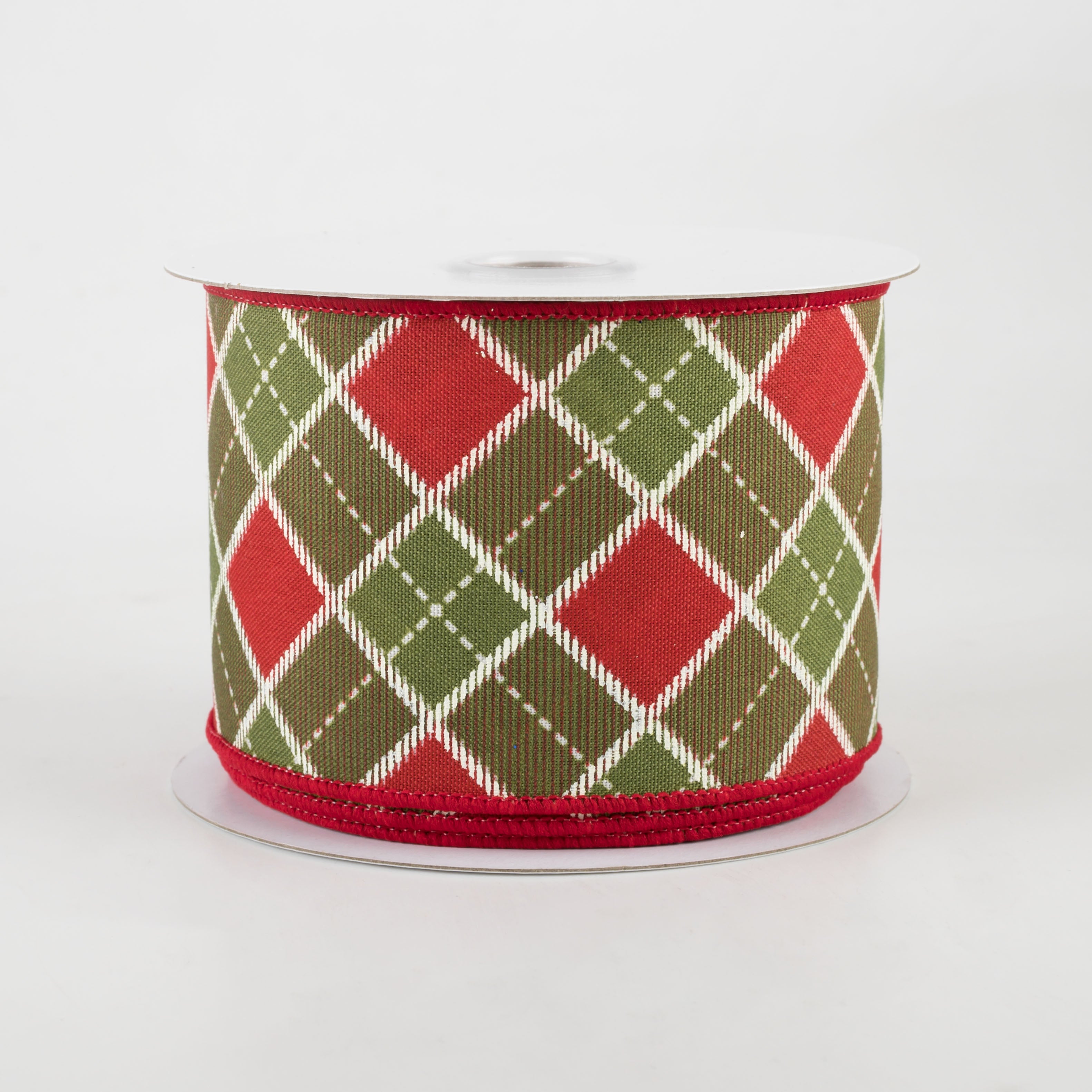 2.5" Diagonal Bonnie Check Ribbon: Moss & Red (10 Yards)