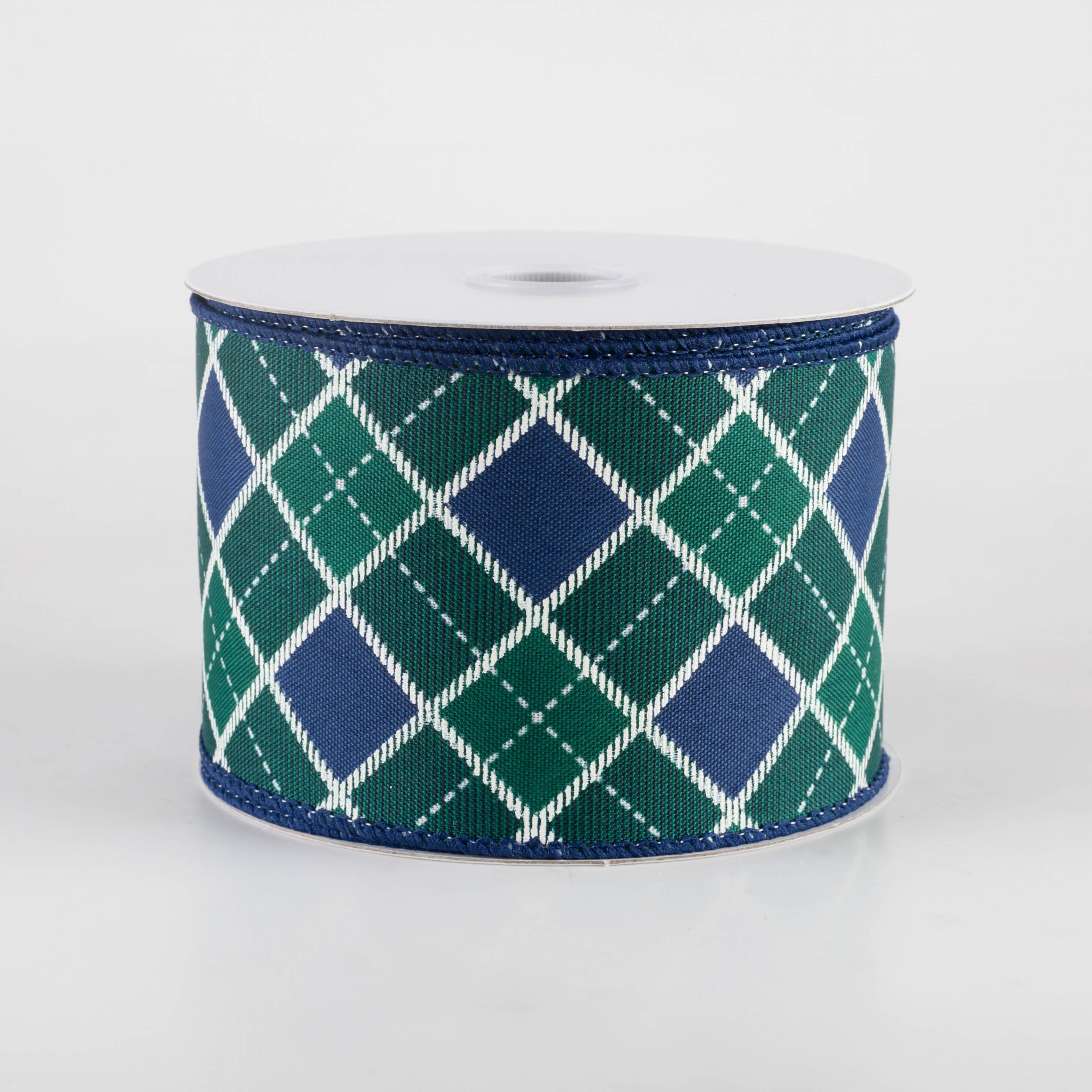 2.5" Diagonal Bonnie Check Ribbon: Navy, Green & White (10 Yards) Item Number: 71470-40-07