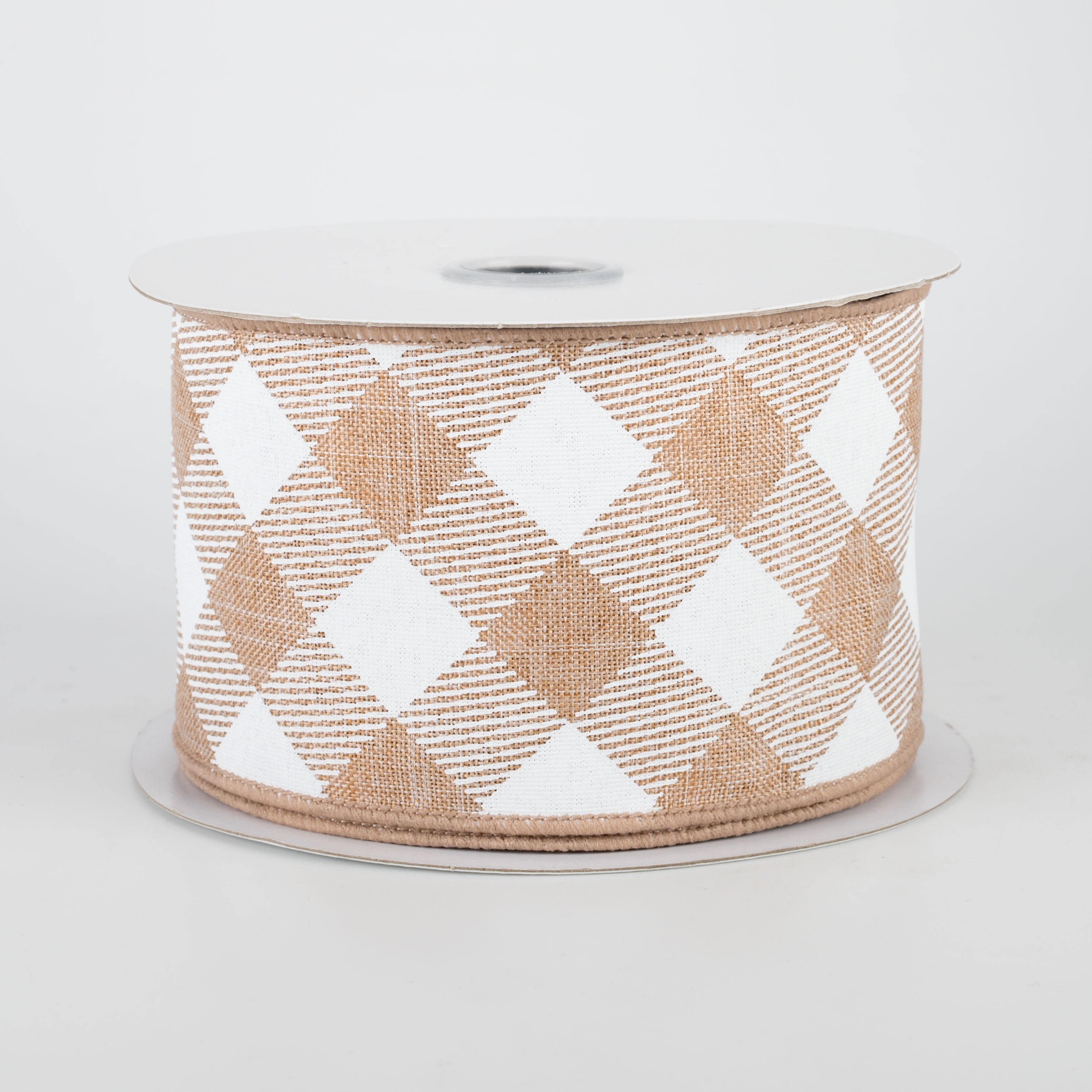 2.5" Diagonal Check Ribbon: Light Tan & White (10 Yards)