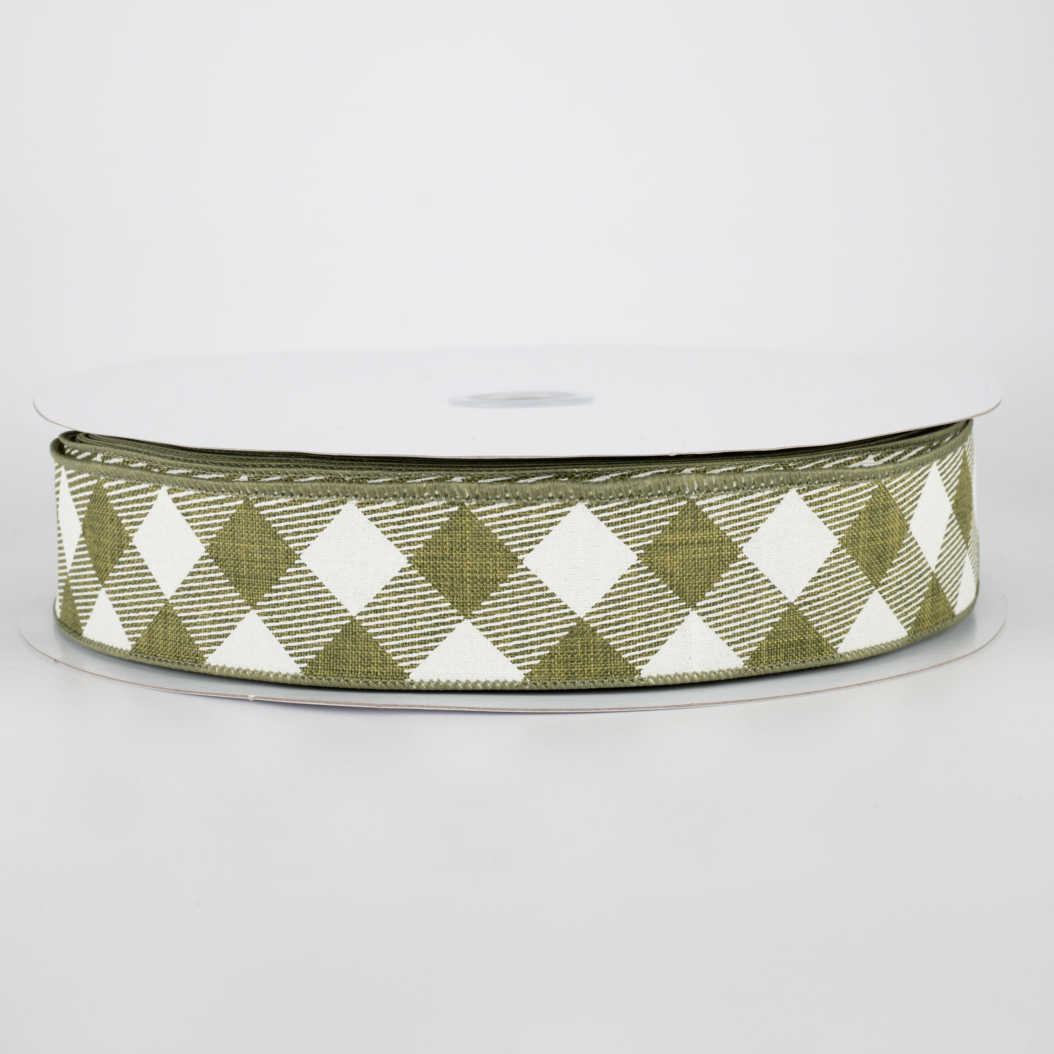 1.5" Diagonal Check Ribbon: Moss Green & Ivory (50 Yards)