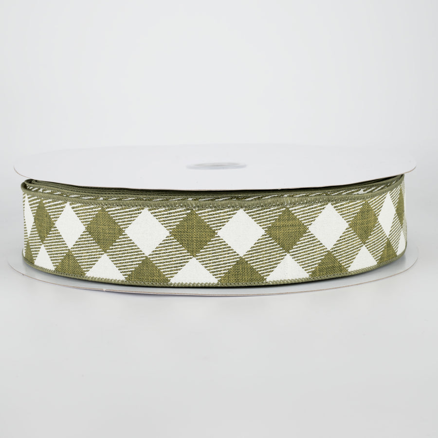 1.5" Diagonal Check Ribbon: Moss Green & Ivory (50 Yards)