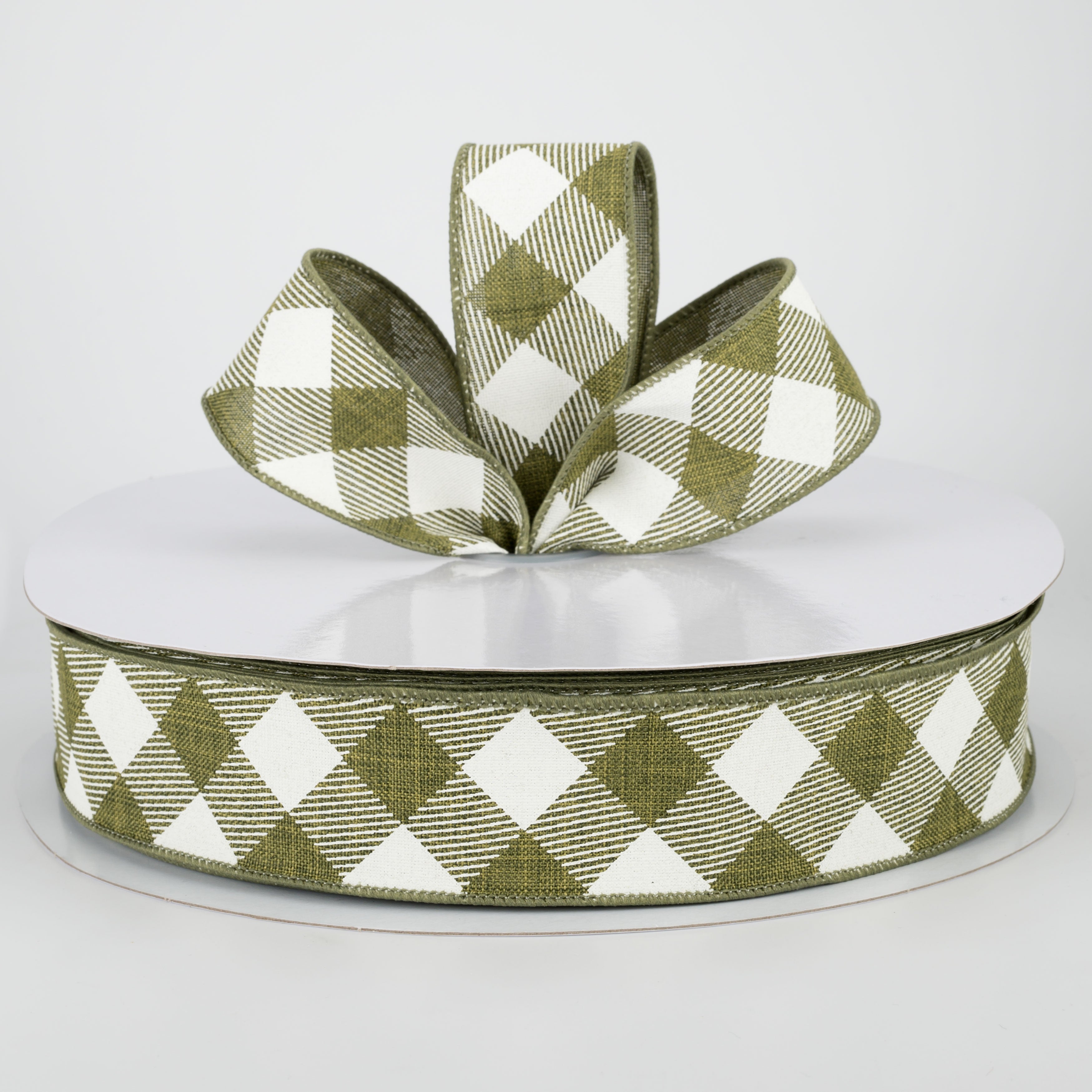 1.5" Diagonal Check Ribbon: Moss Green & Ivory (50 Yards) Lifestyle Photo