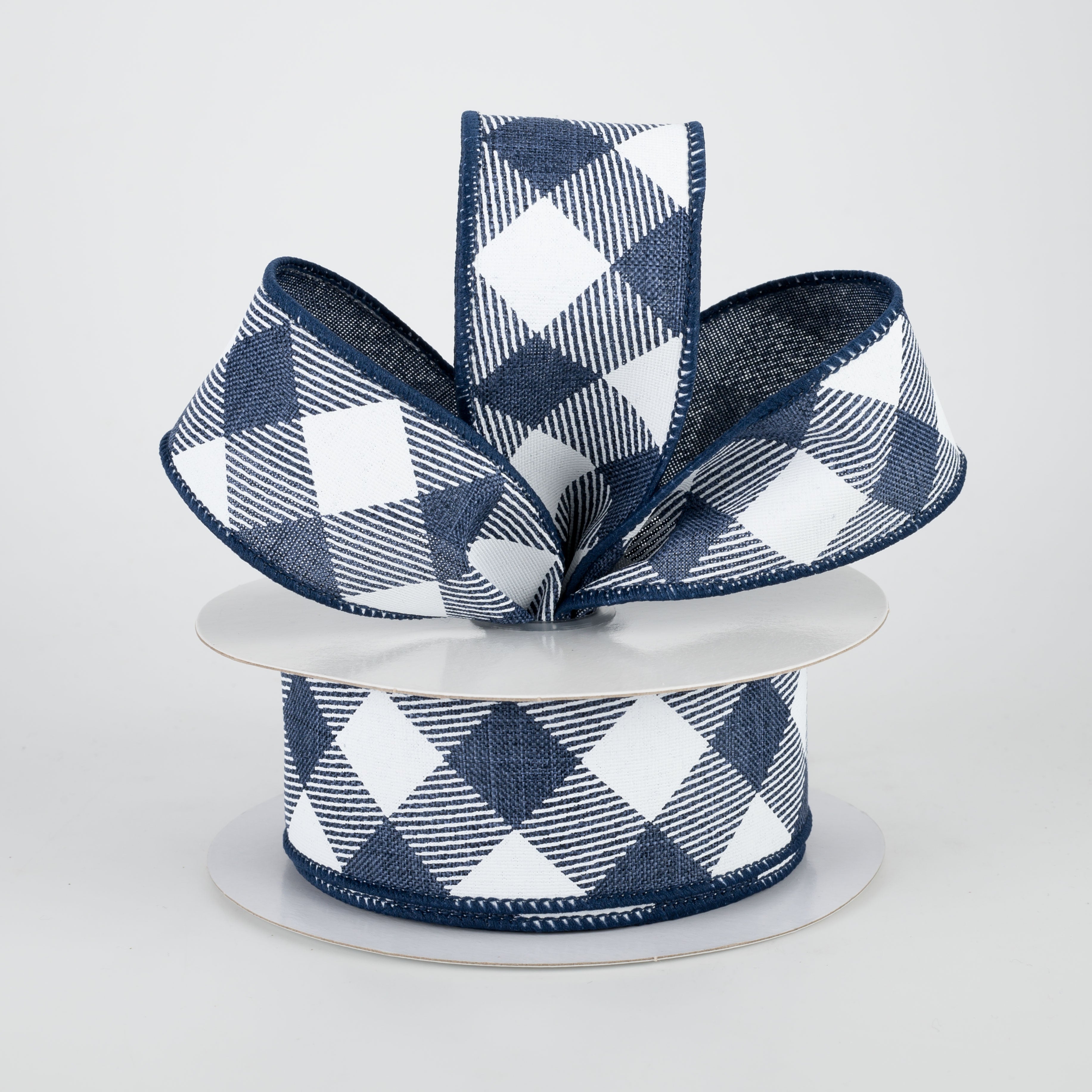 1.5" Diagonal Check Ribbon: Navy Blue & White (10 Yards) Lifestyle Photo