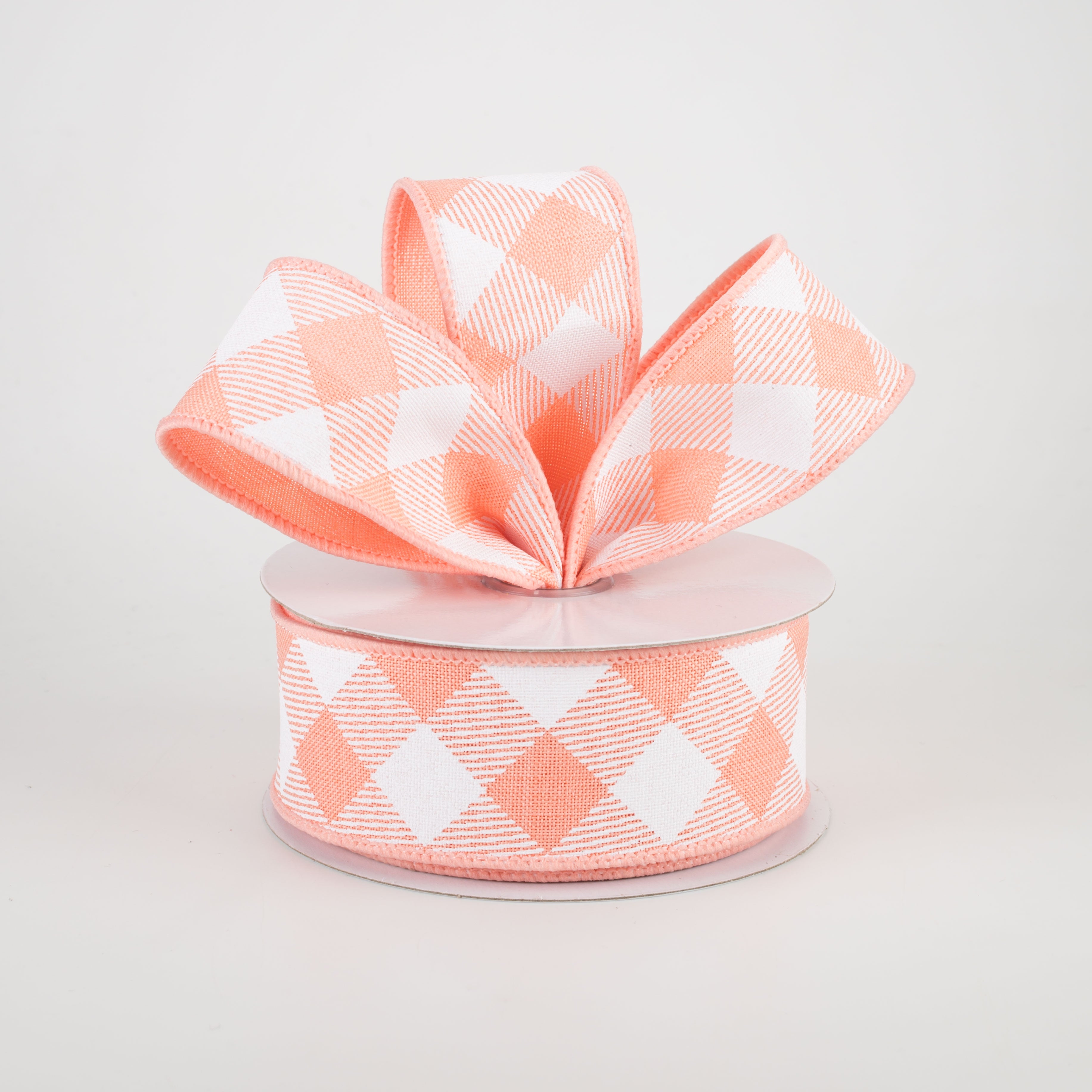 1.5" Diagonal Check Ribbon: Peach & White (10 Yards) Lifestyle Photo