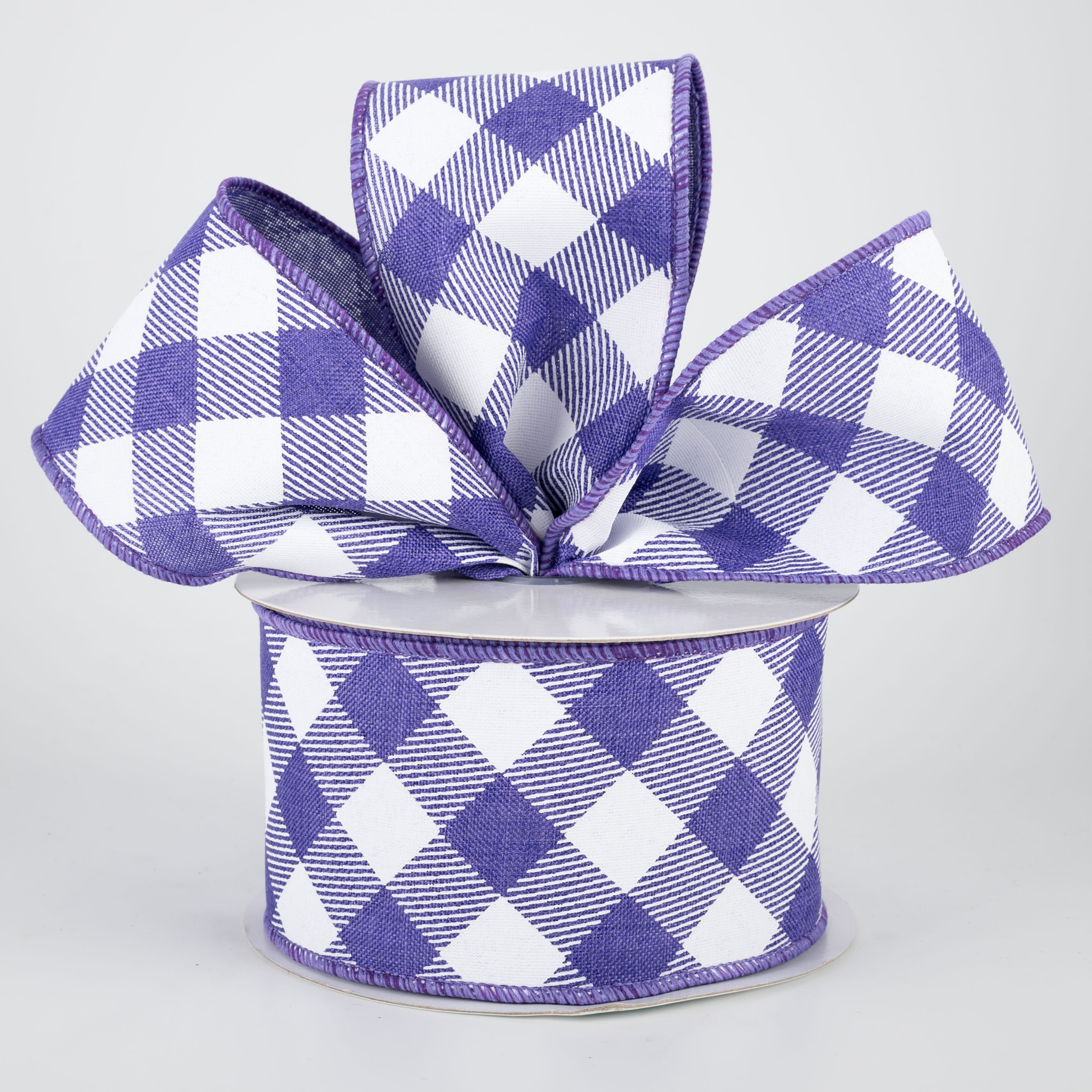 2.5" Diagonal Check Ribbon: Purple & White (10 Yards) Lifestyle Photo