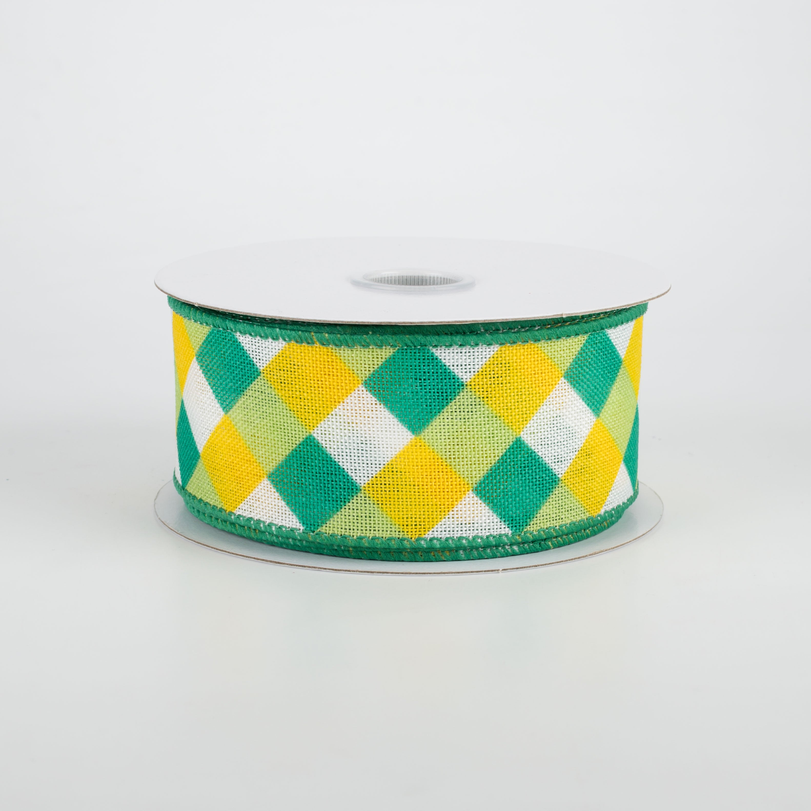 1.5" Diagonal Crossed Plaid Ribbon: Green & Yellow (10 Yards)