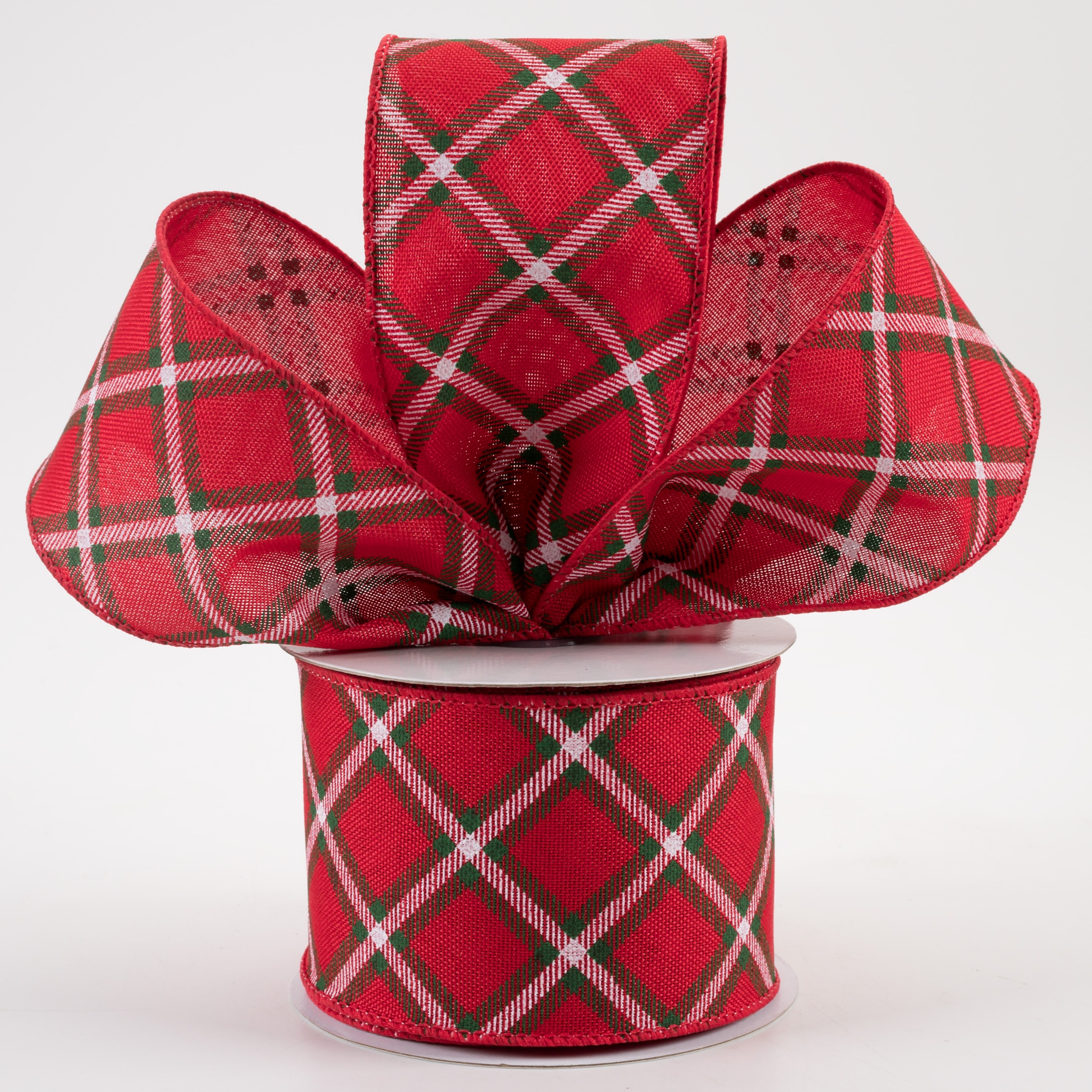 2.5" Diagonal Dash Check Ribbon: Red, Emerald Green, White (10 Yards) Lifestyle Photo