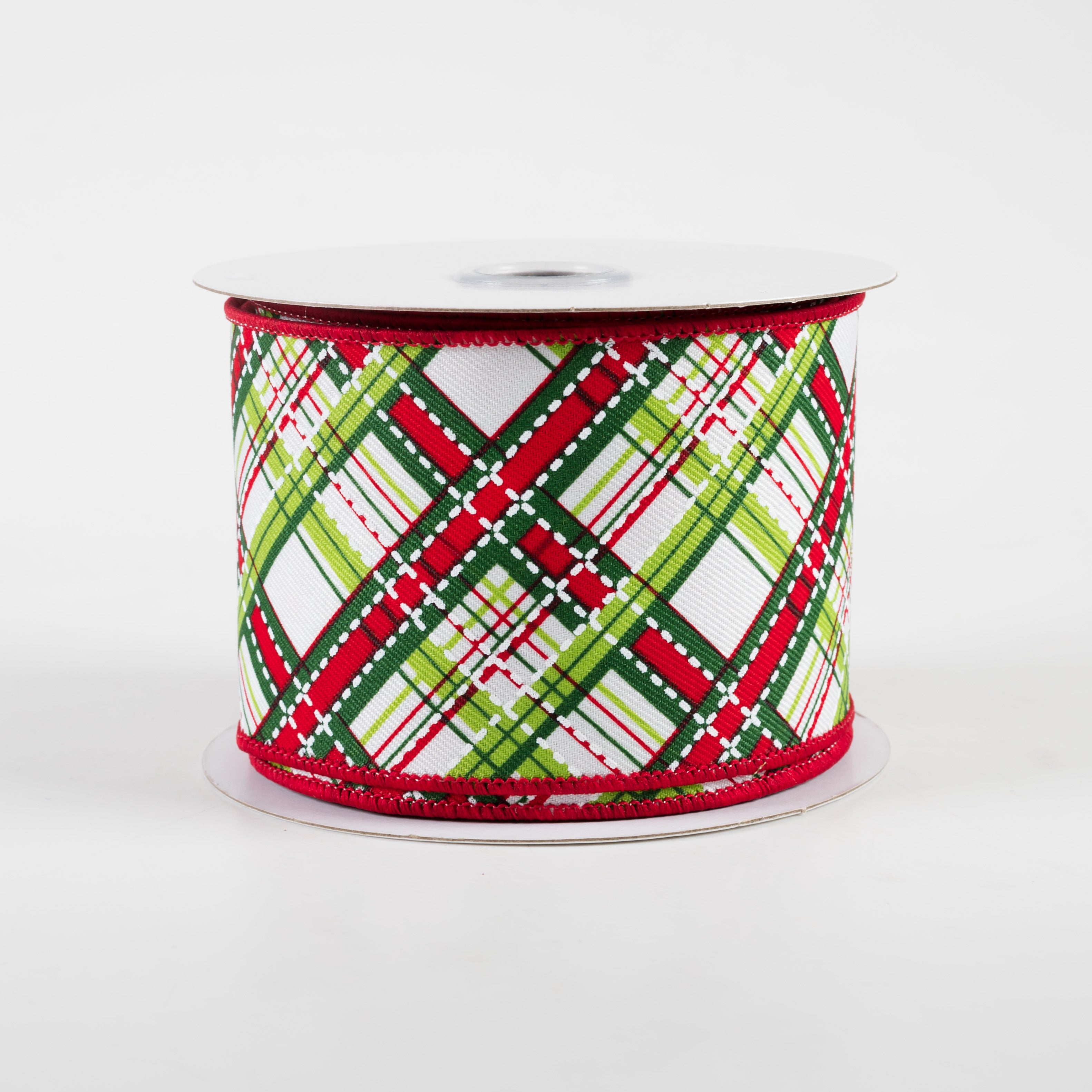 2.5" Diagonal Dash Plaid Ribbon: White, Lime, Emerald, Red (10 Yards)