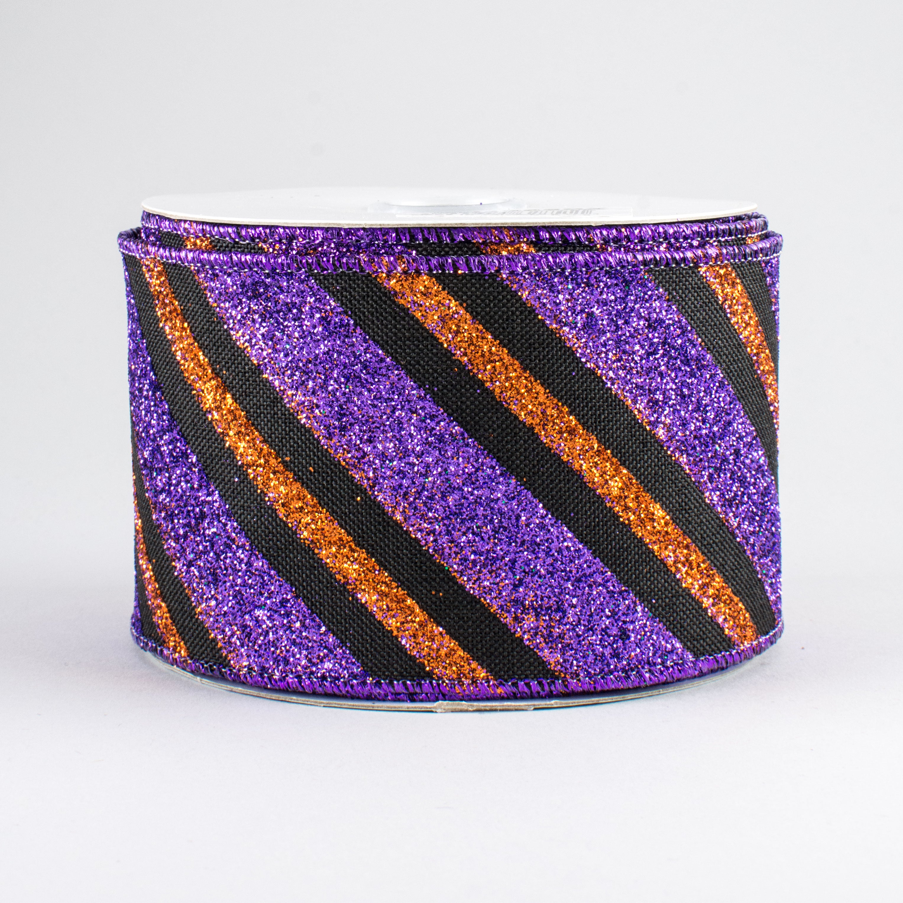 2.5" Diagonal Glitter Stripe Ribbon: Black, Purple, Orange (10 Yards)