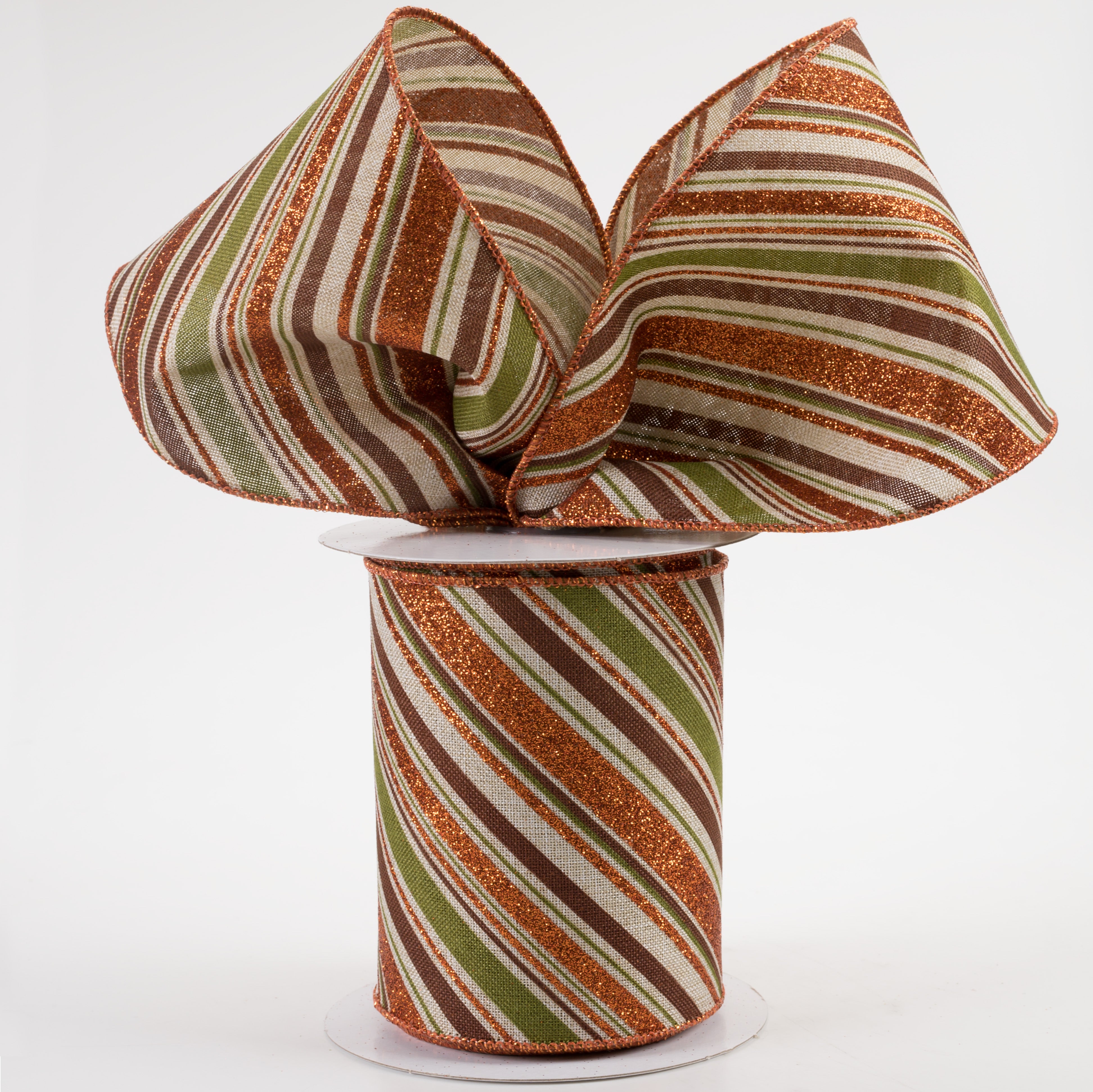 4" Diagonal Glitter Stripe Ribbon: Light Natural, Moss, Brown, Orange (10 Yards) Lifestyle Photo