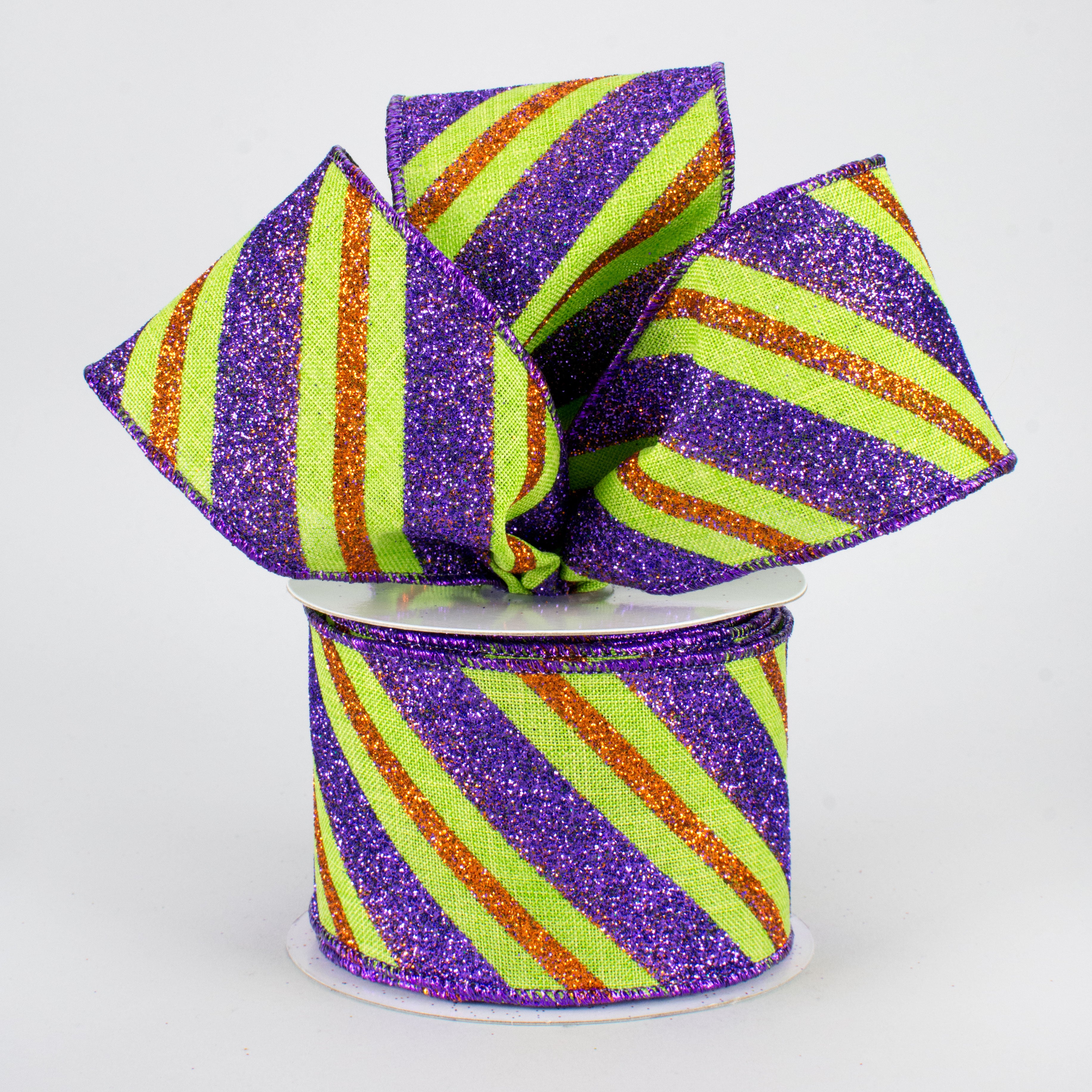 2.5" Diagonal Glitter Stripe Ribbon: Lime, Purple, Orange (10 Yards) Lifestyle Photo
