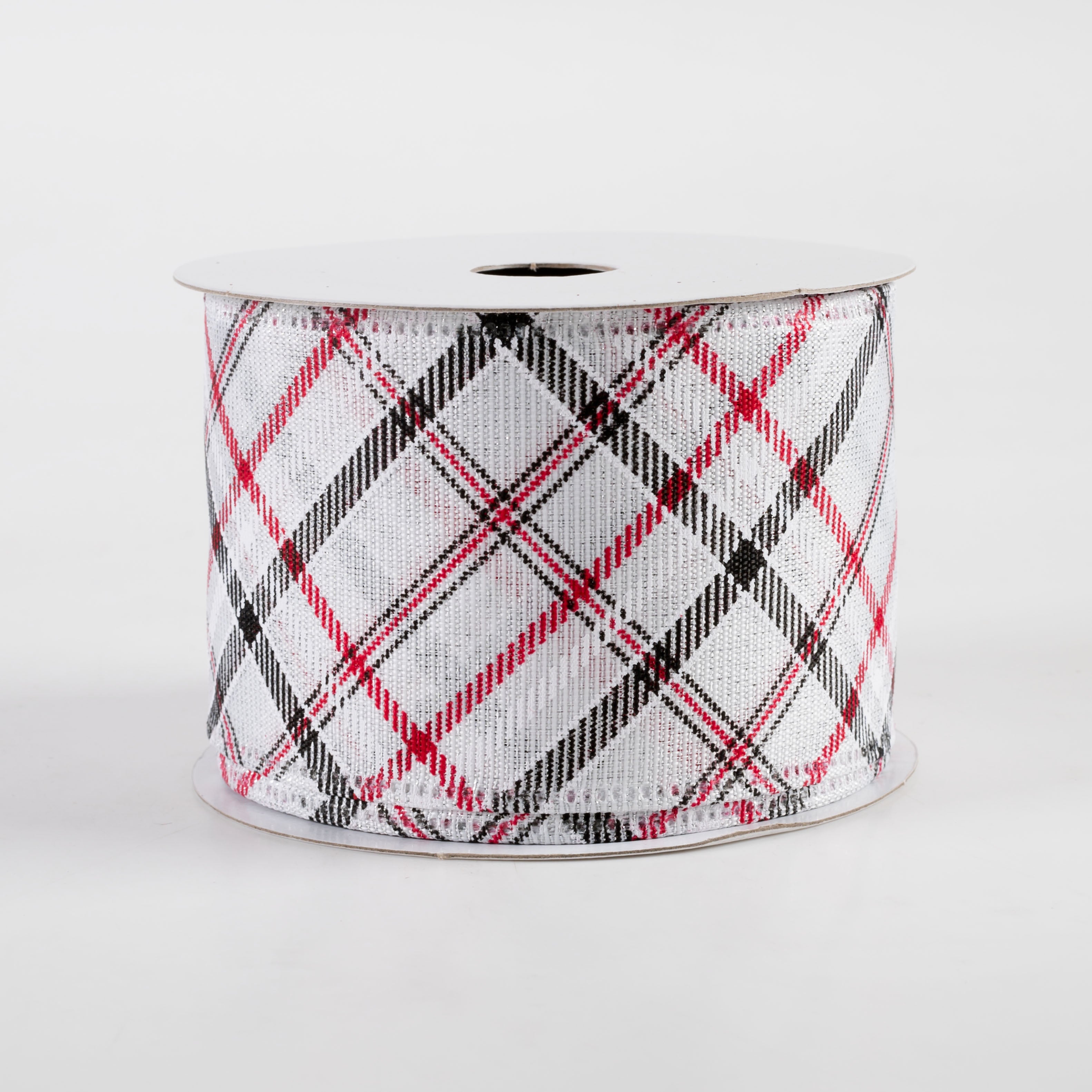 2.5" Diagonal Plaid Ribbon: White, Silver, Black, Red (10 Yards) Item Number: 76320-40-01