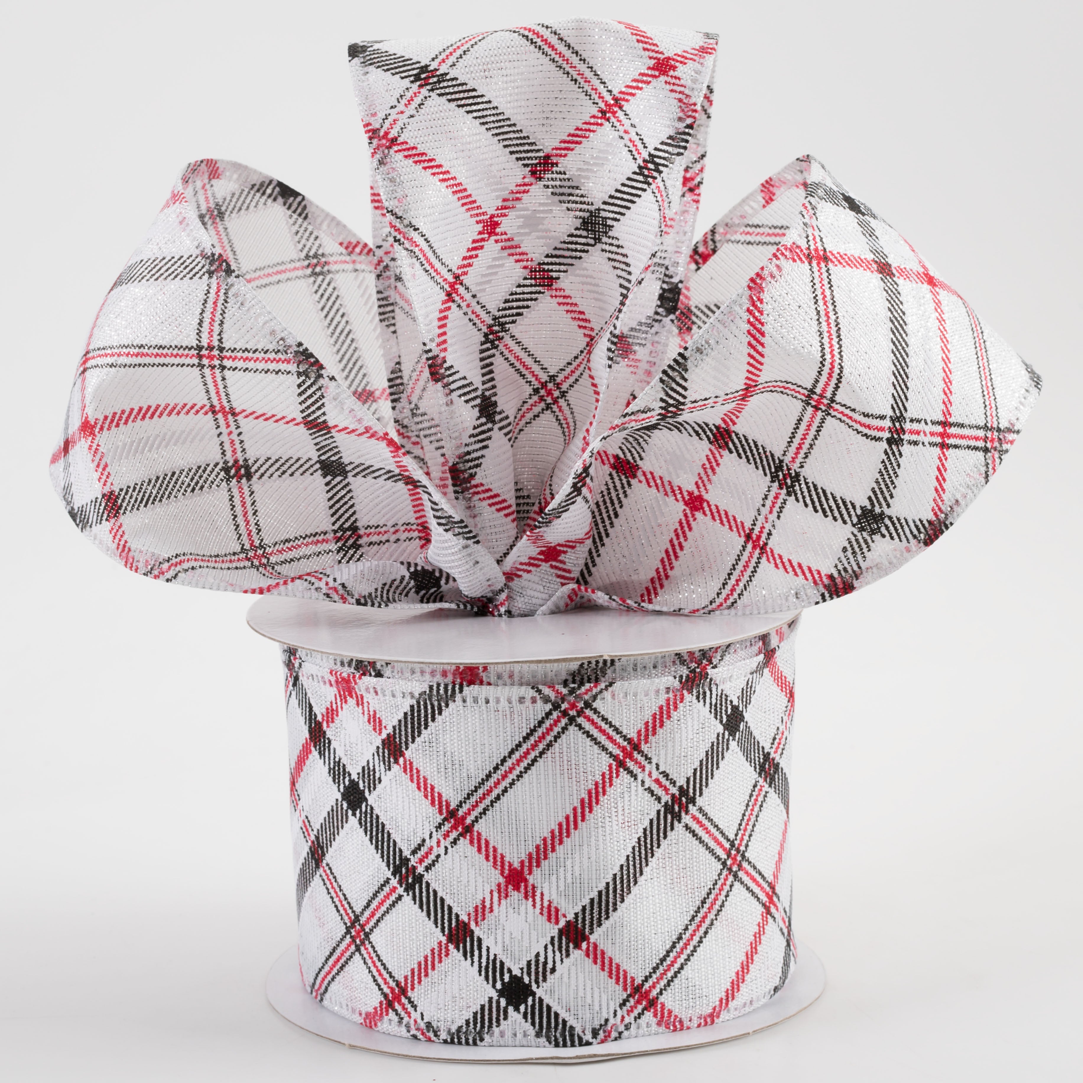 2.5" Diagonal Plaid Ribbon: White, Silver, Black, Red (10 Yards) Lifestyle Photo