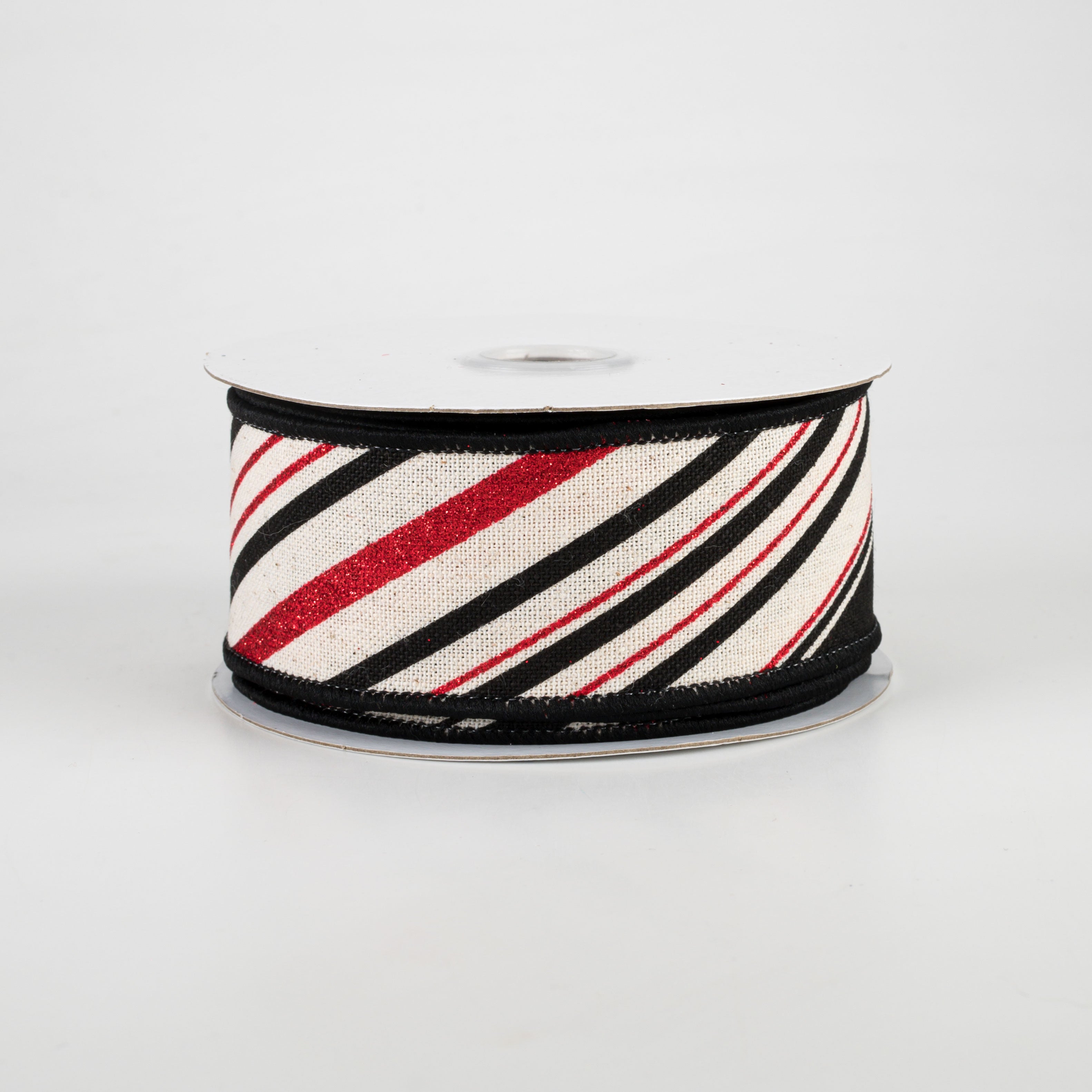 1.5" Diagonal Stripe Ribbon: Ivory, Black, Red (10 Yards)