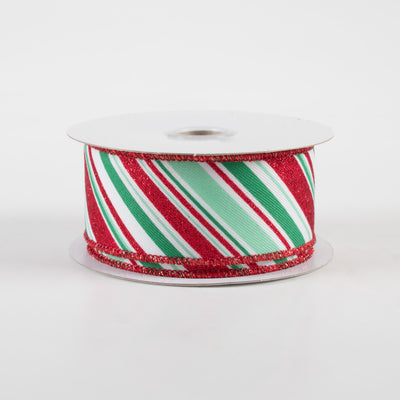 1.5" Diagonal Stripe Ribbon: White, Mint, Jade, Red (10 Yards)