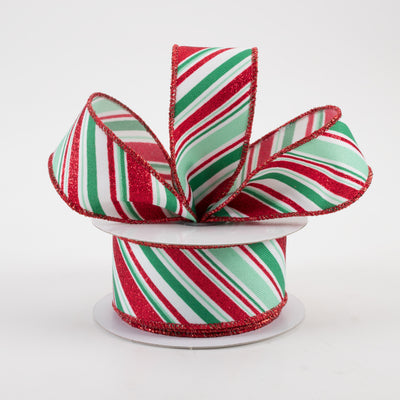 1.5" Diagonal Stripe Ribbon: White, Mint, Jade, Red (10 Yards) Lifestyle Photo