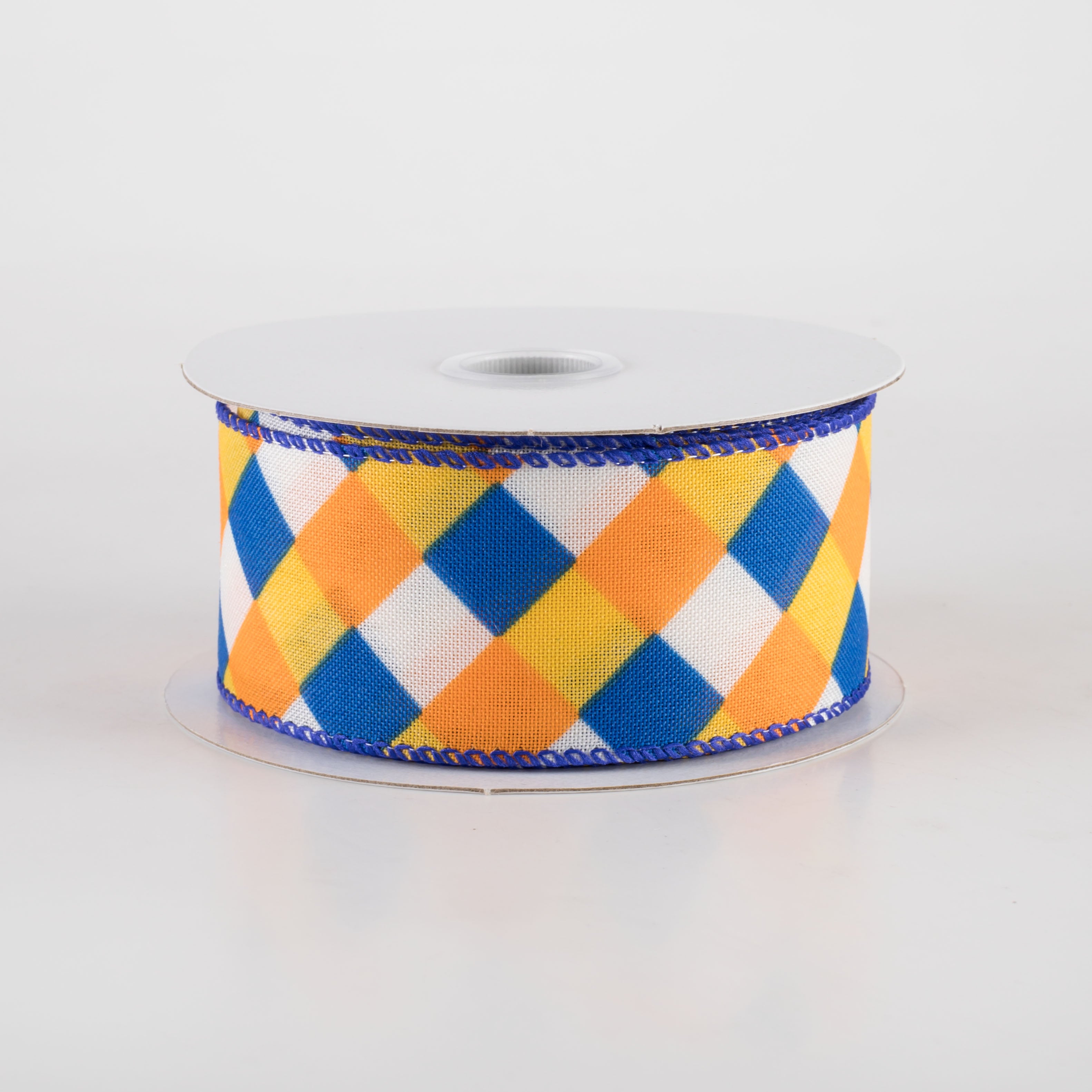 1.5" Diagonal Stripes Ribbon: Royal, Orange & Sunflower on Ivory (10 Yards) Item Number: 61420-09-25
