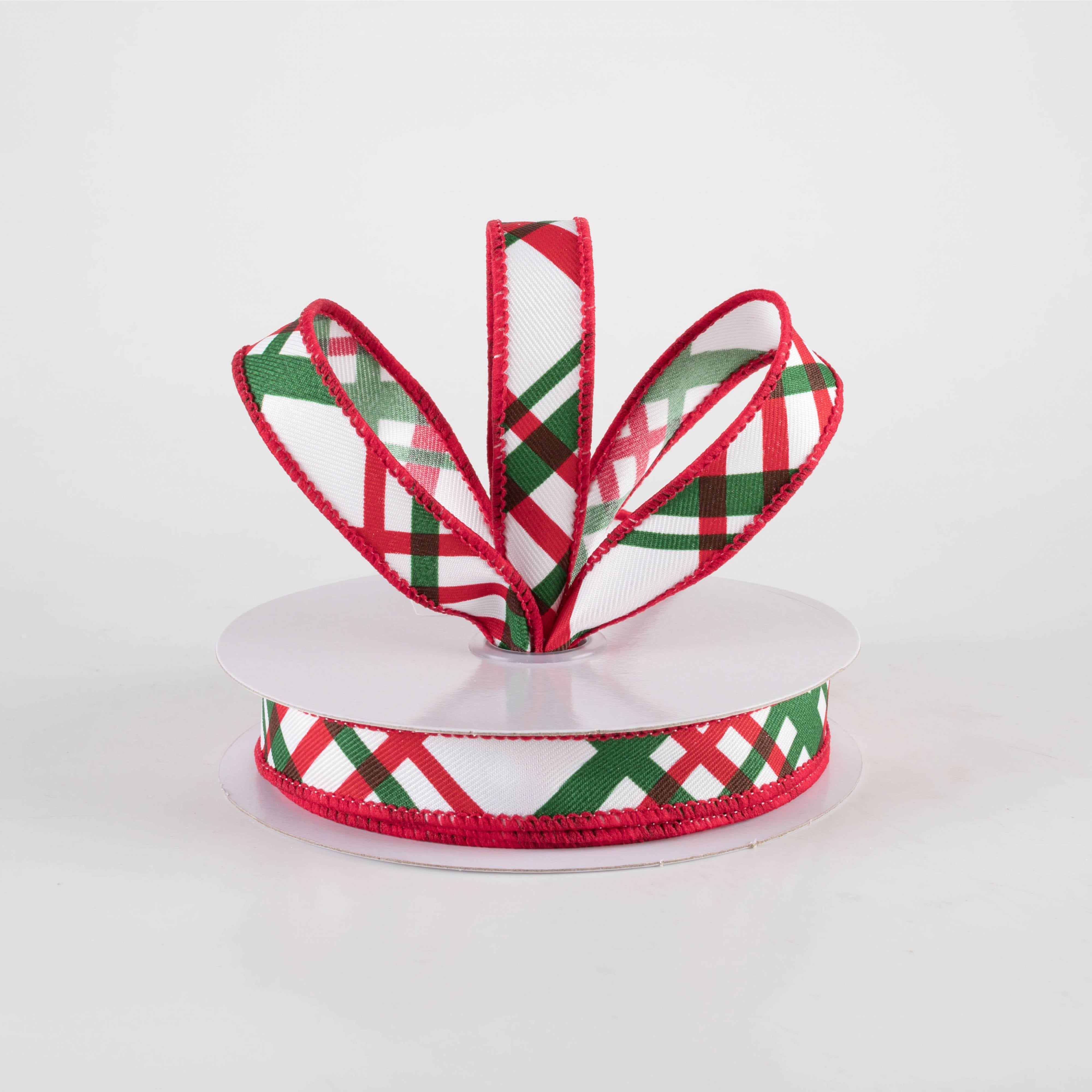 5/8" Diagonal Windowpane Plaid Ribbon: White, Red & Emerald (10 Yards) Lifestyle Photo