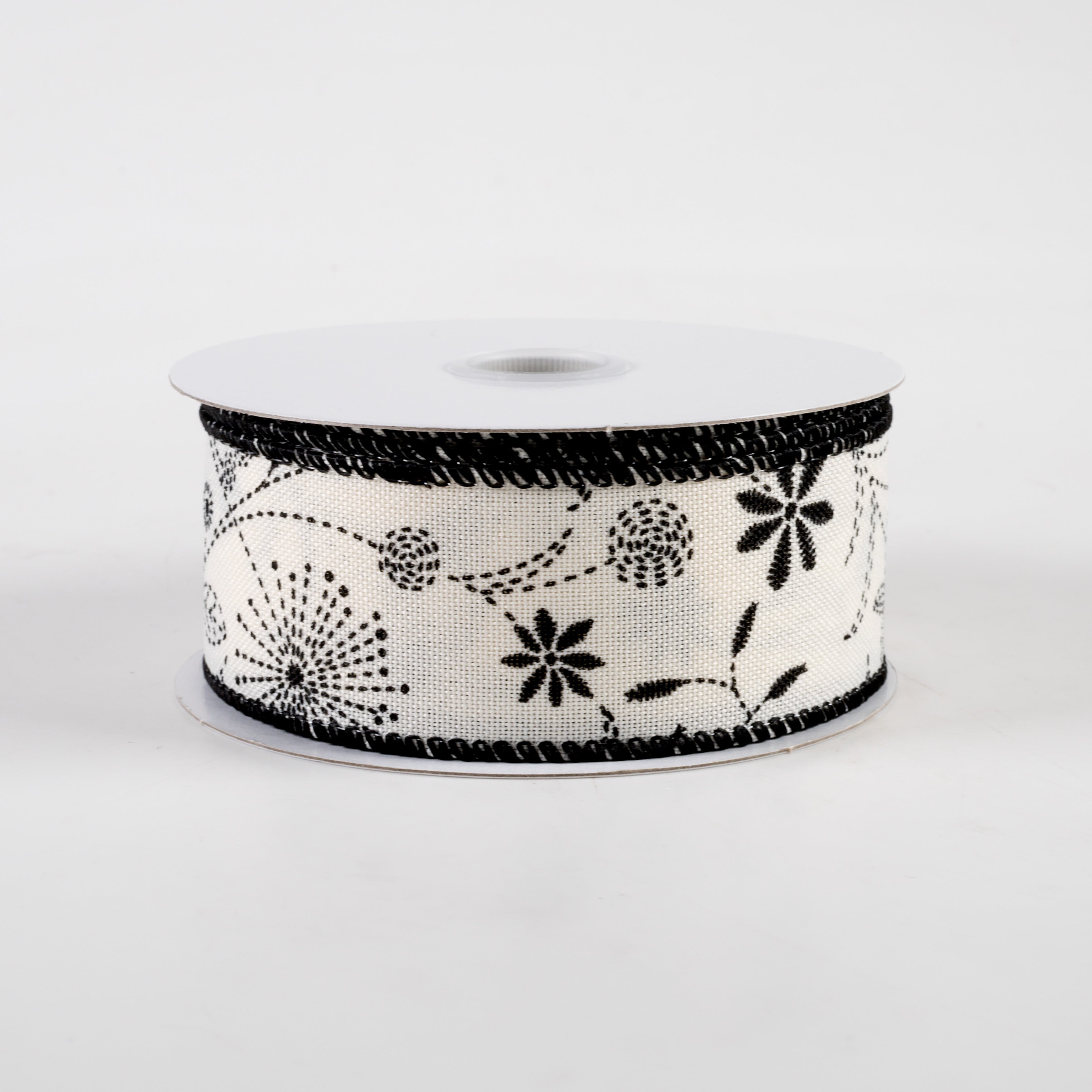 1.5" Doodle Flowers Linen Ribbon: Ivory & Black (10 Yards) Item Number: 41360-09-20