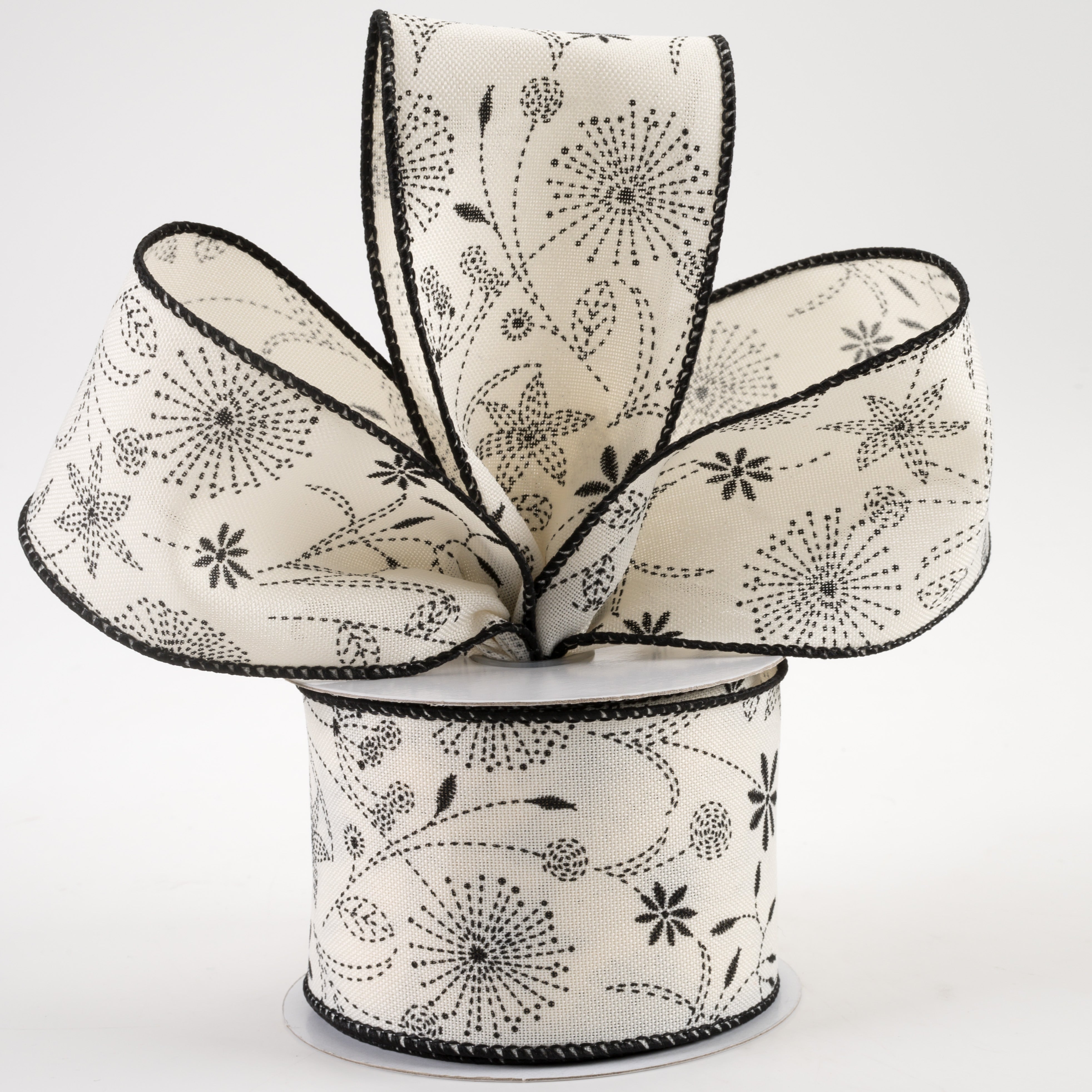2.5" Doodle Flowers Linen Ribbon: Ivory & Black (10 Yards) Lifestyle Photo