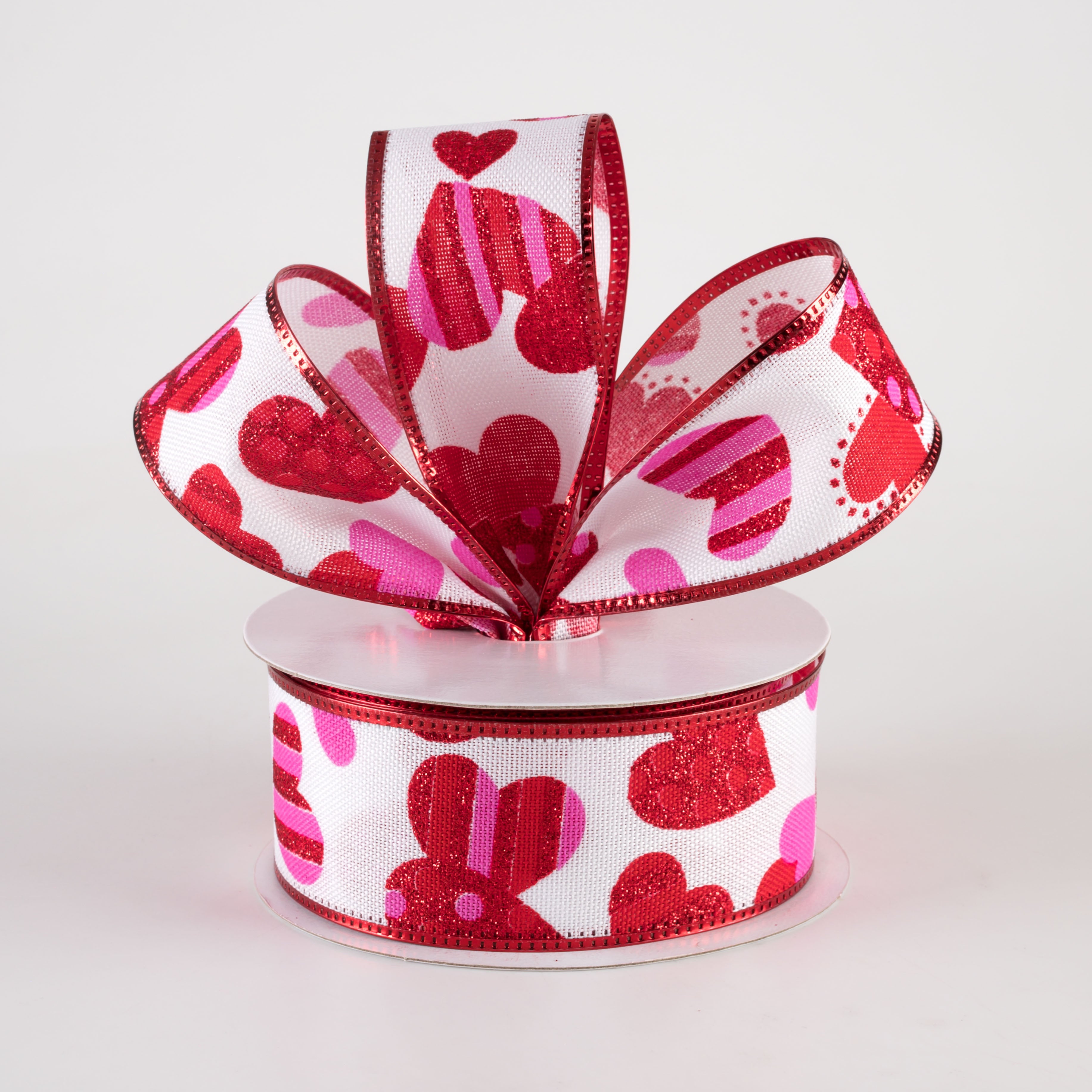 1.5" Dot & Stripe Hearts Linen Ribbon: White, Red, Pink (10 Yards) Lifestyle Photo