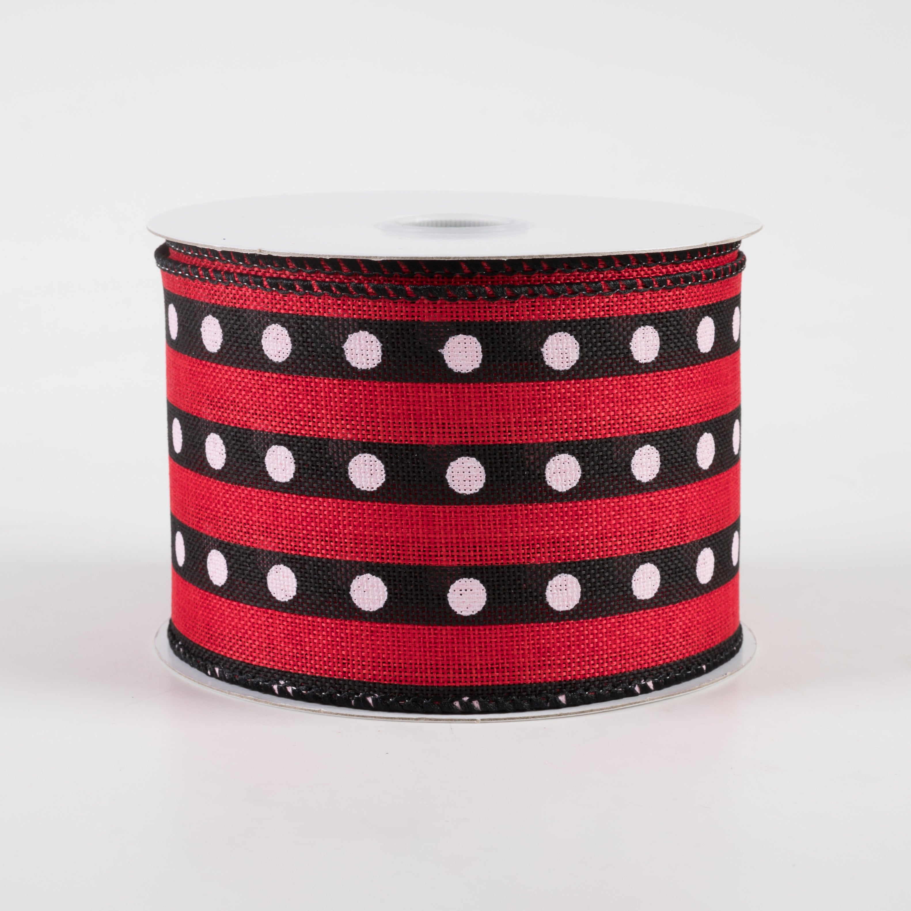 2.5" Dot Stripe Linen Ribbon: Black, Red, White (10 Yards) Item Number: 41340-40-12