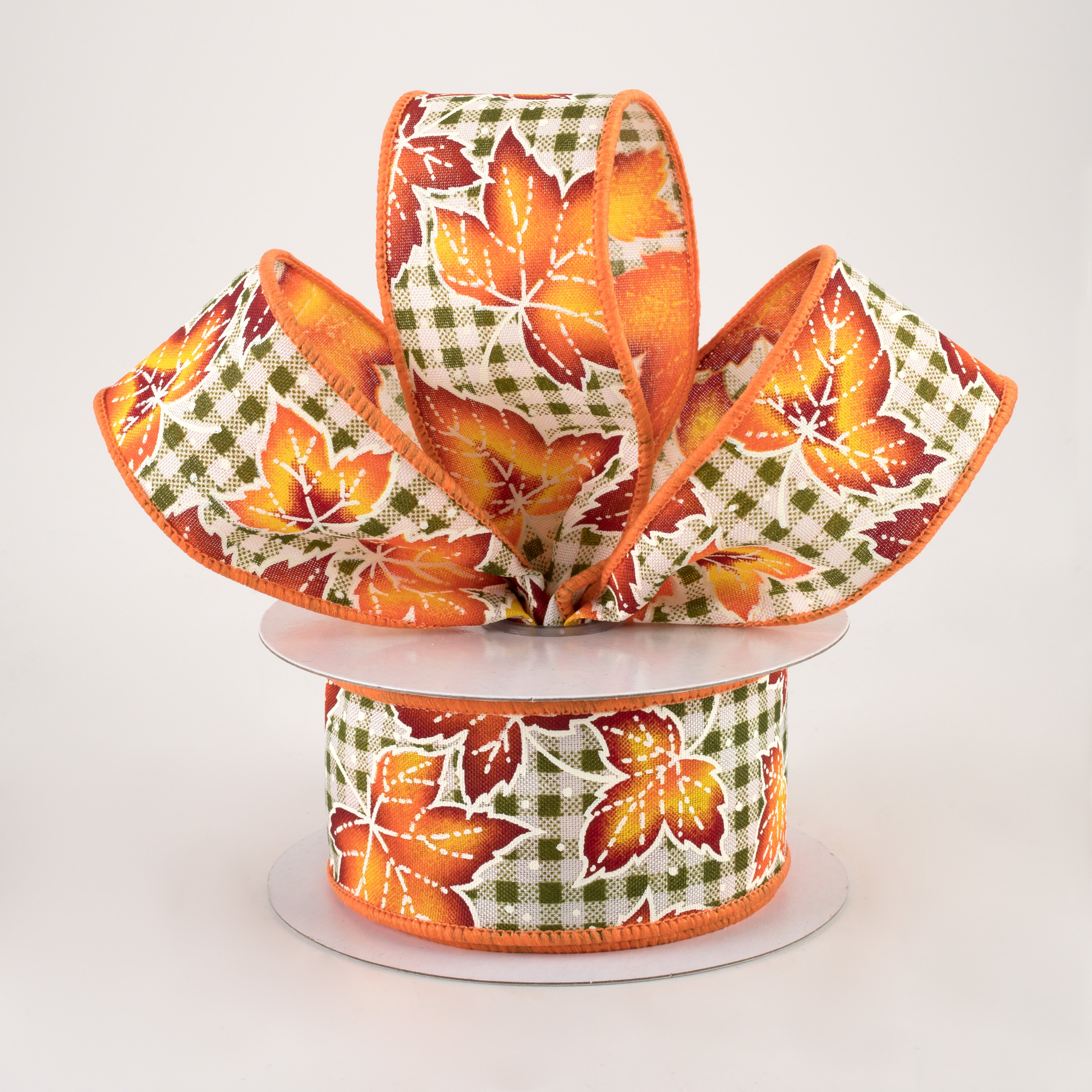 1.5" Dotted Leaves Gingham Ribbon: Moss & White (10 Yards) Lifestyle Photo