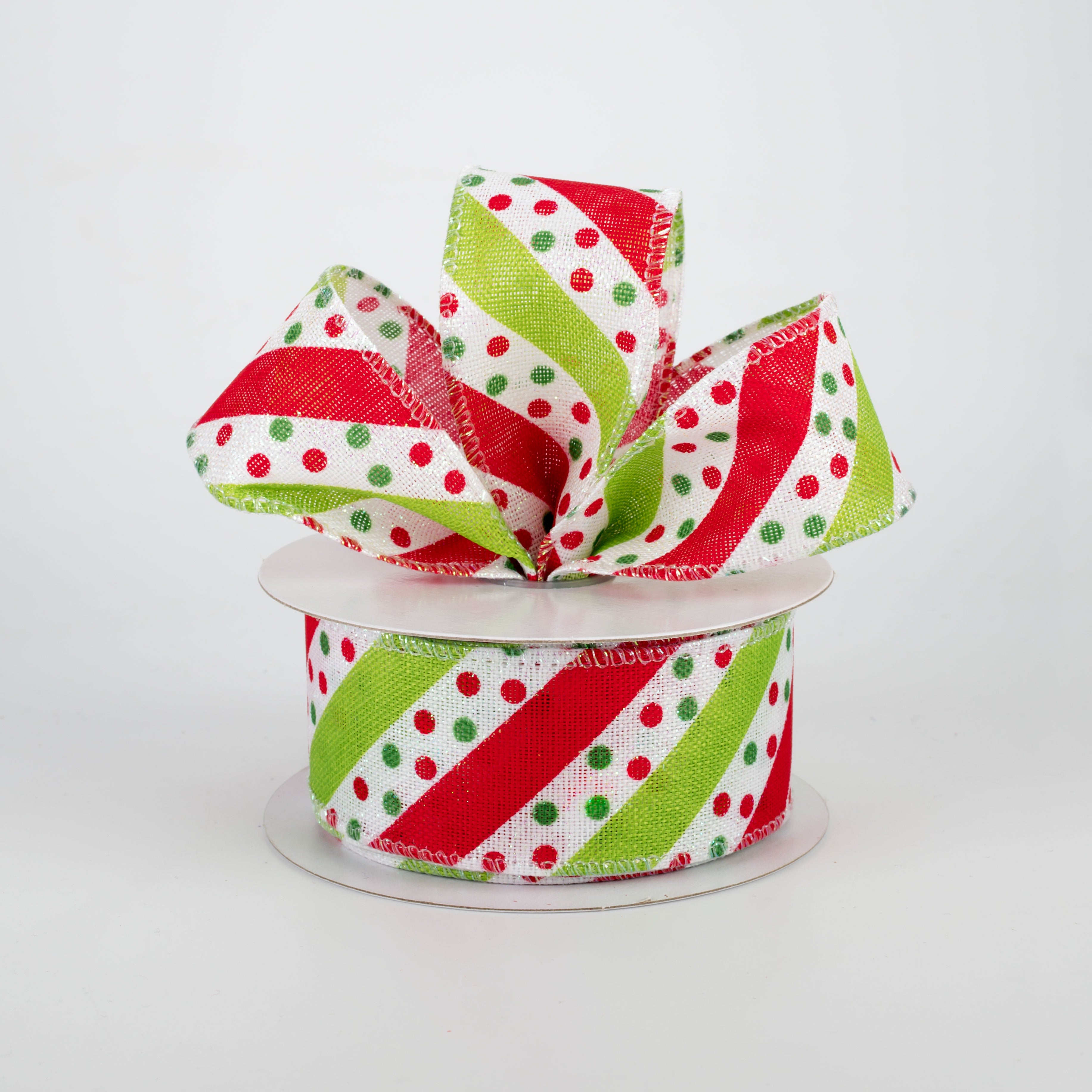 1.5" Dotty Stripe Christmas Ribbon: Red, Lime, White (10 Yards) Lifestyle Photo