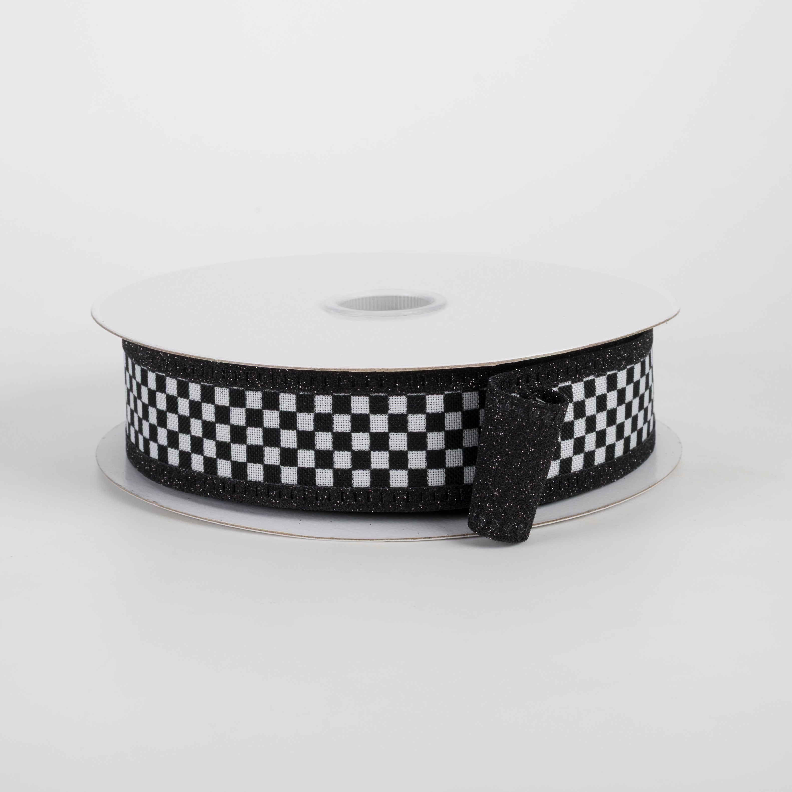 1" Double Sided Black & White Check Glitter Ribbon: Black (10 Yards) Item Number: D56614-10-21