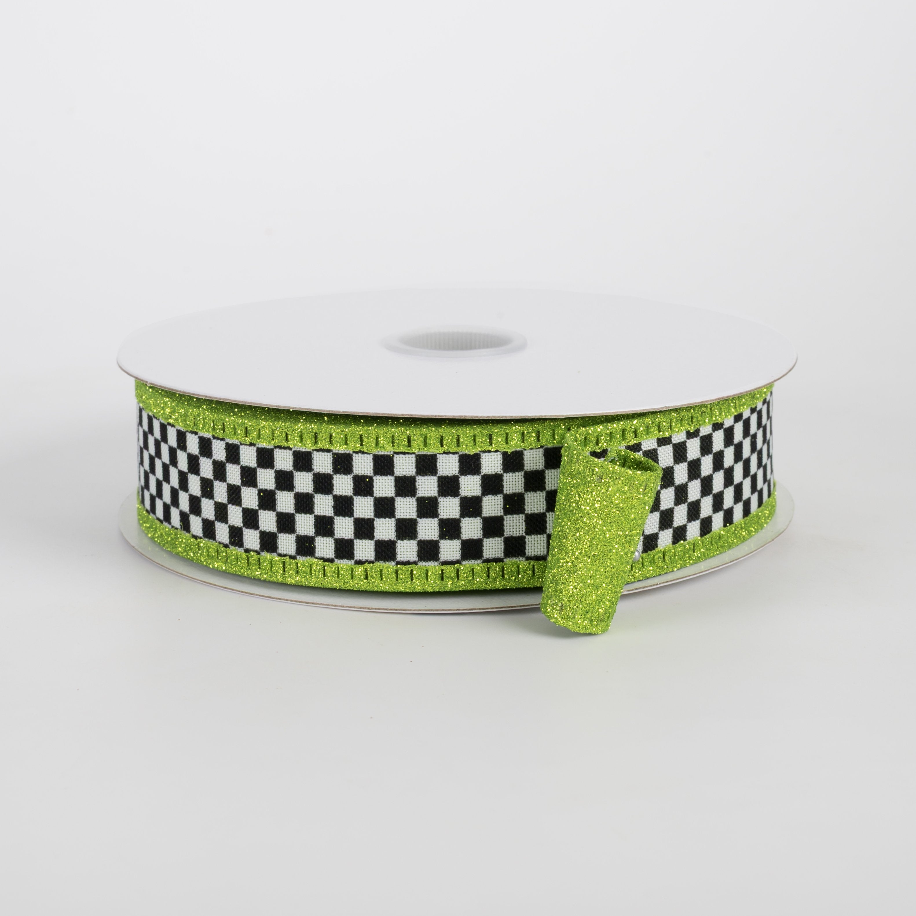 1" Double Sided Black & White Check Glitter Ribbon: Lime Green (10 Yards) Item Number: D56614-10-09