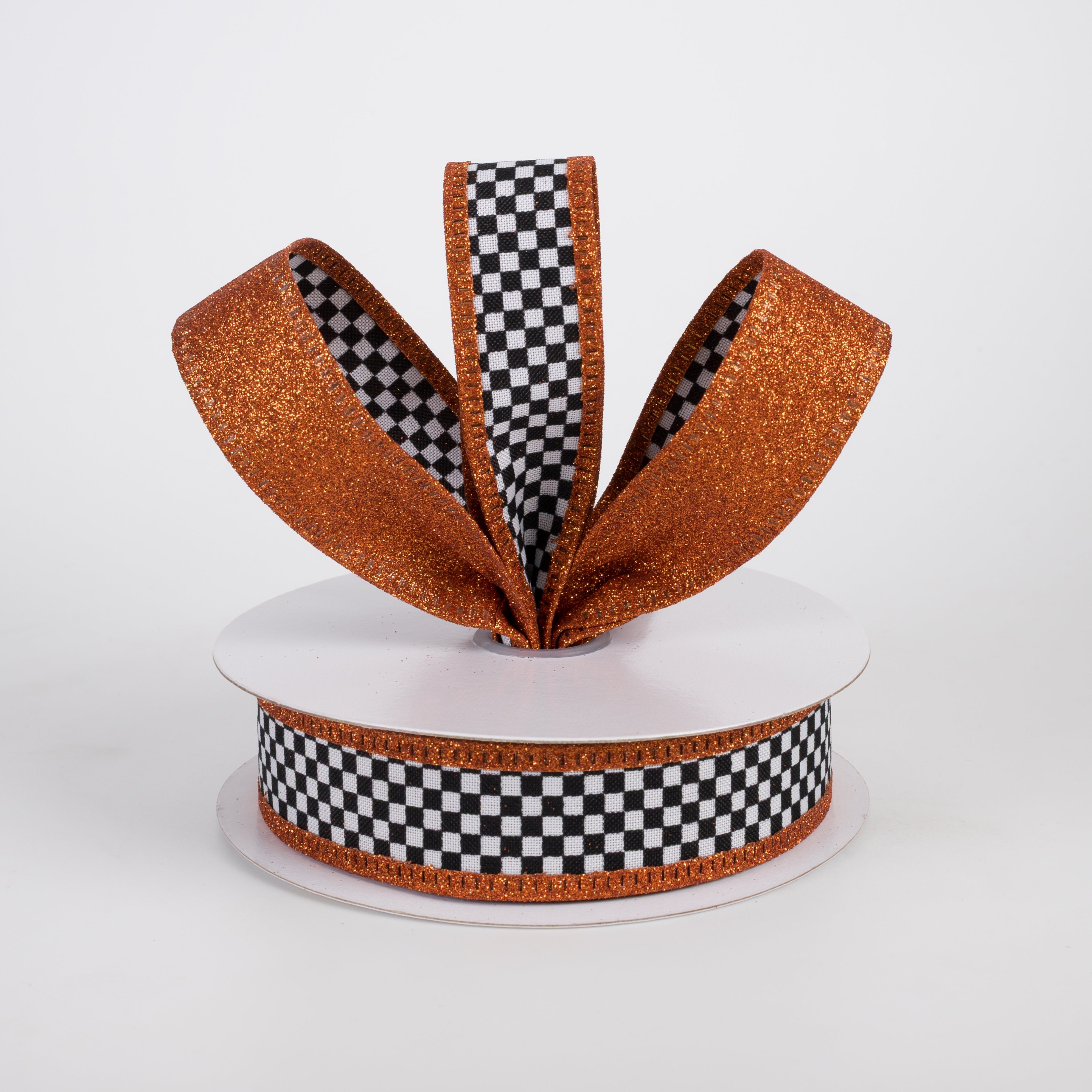 1" Double Sided Black & White Check Glitter Ribbon: Orange (10 Yards) Lifestyle Photo