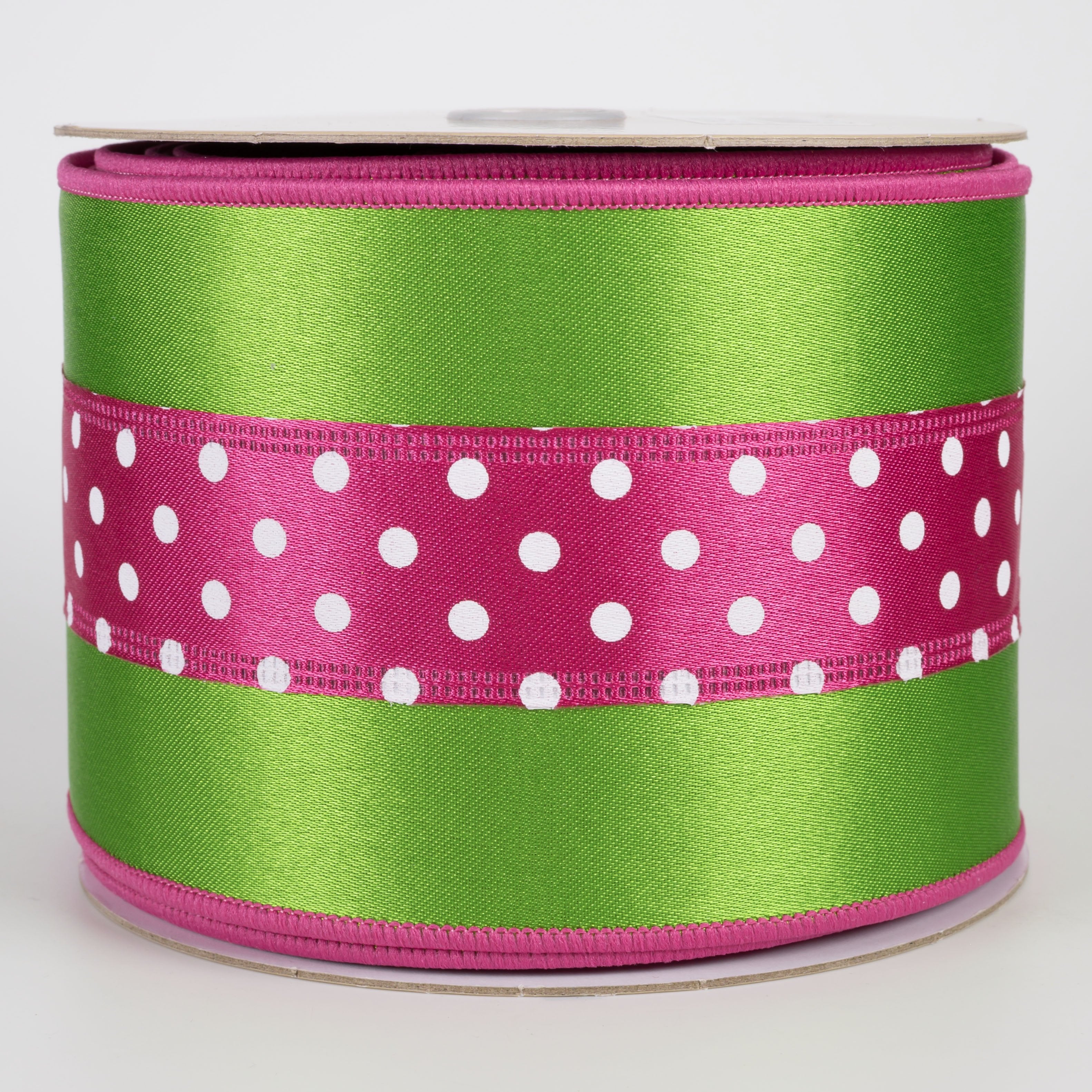 4" Double Sided Fused 3-in-1 Polka Dot Ribbon: Fresh Green & Hot Pink (10 Yards) Item Number: LX3078HE