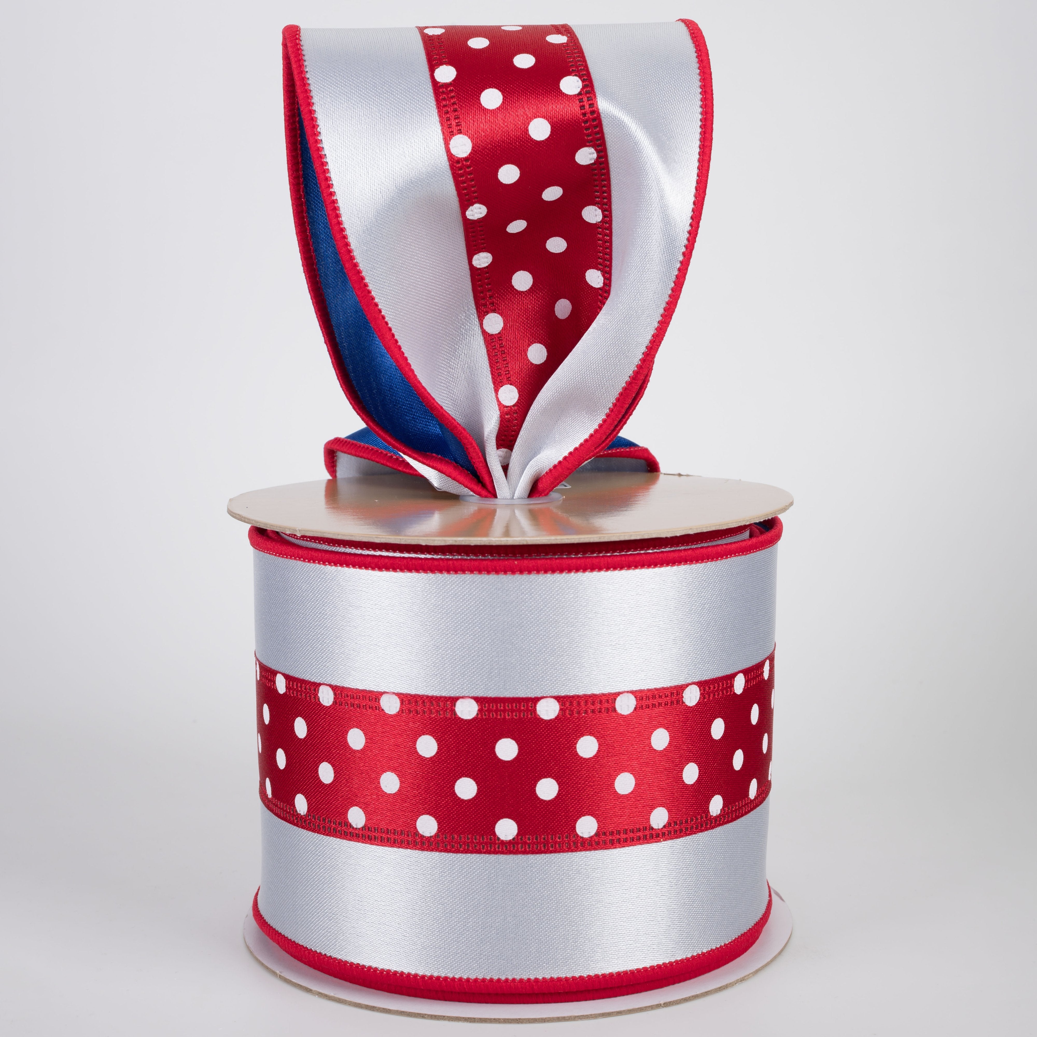 4" Double Sided Fused 3-in-1 Polka Dot Ribbon: Red, White & Blue (10 Yards) Lifestyle Photo