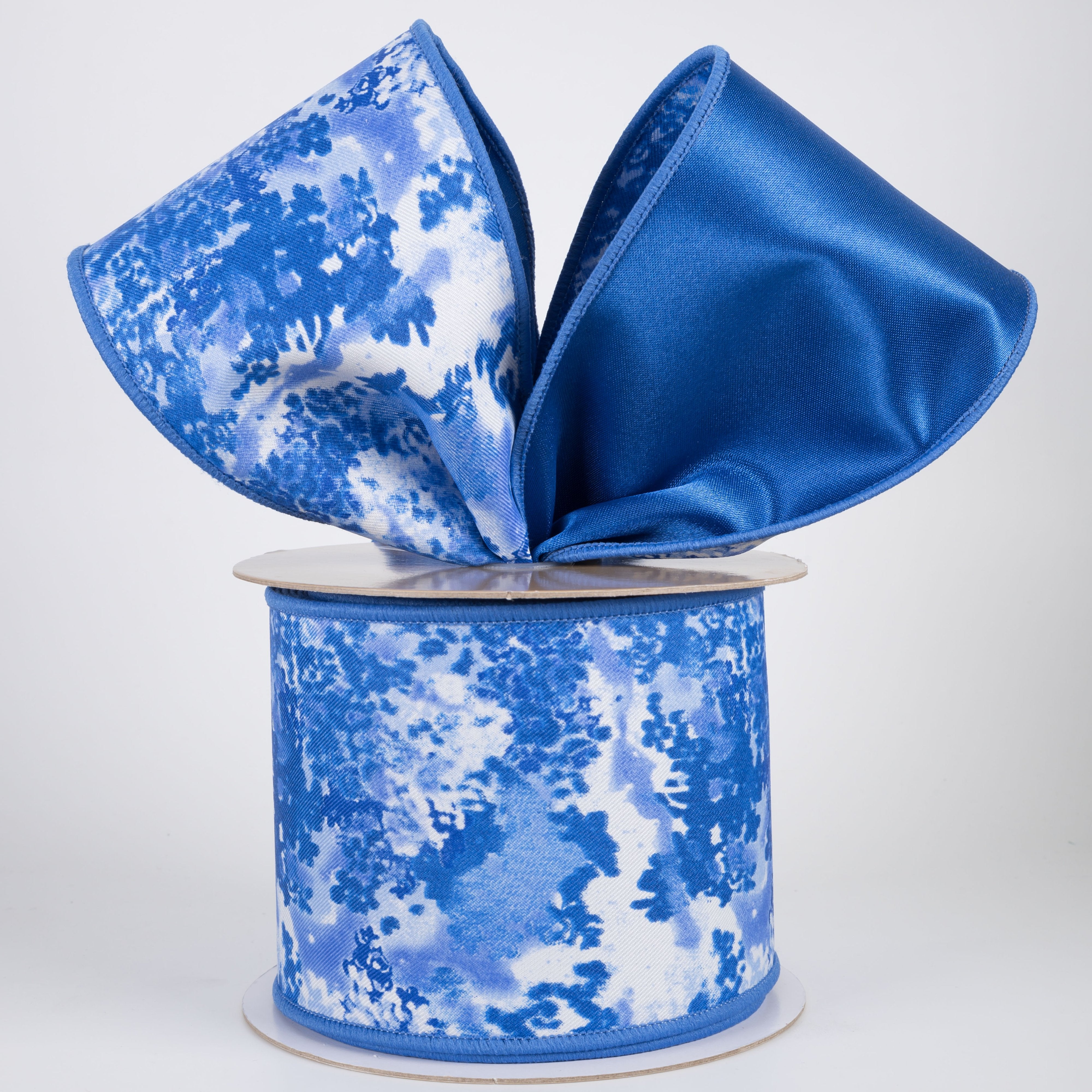 4" Double Sided Fused Abstract Print Ribbon: Blues & White (10 Yards) Lifestyle Photo