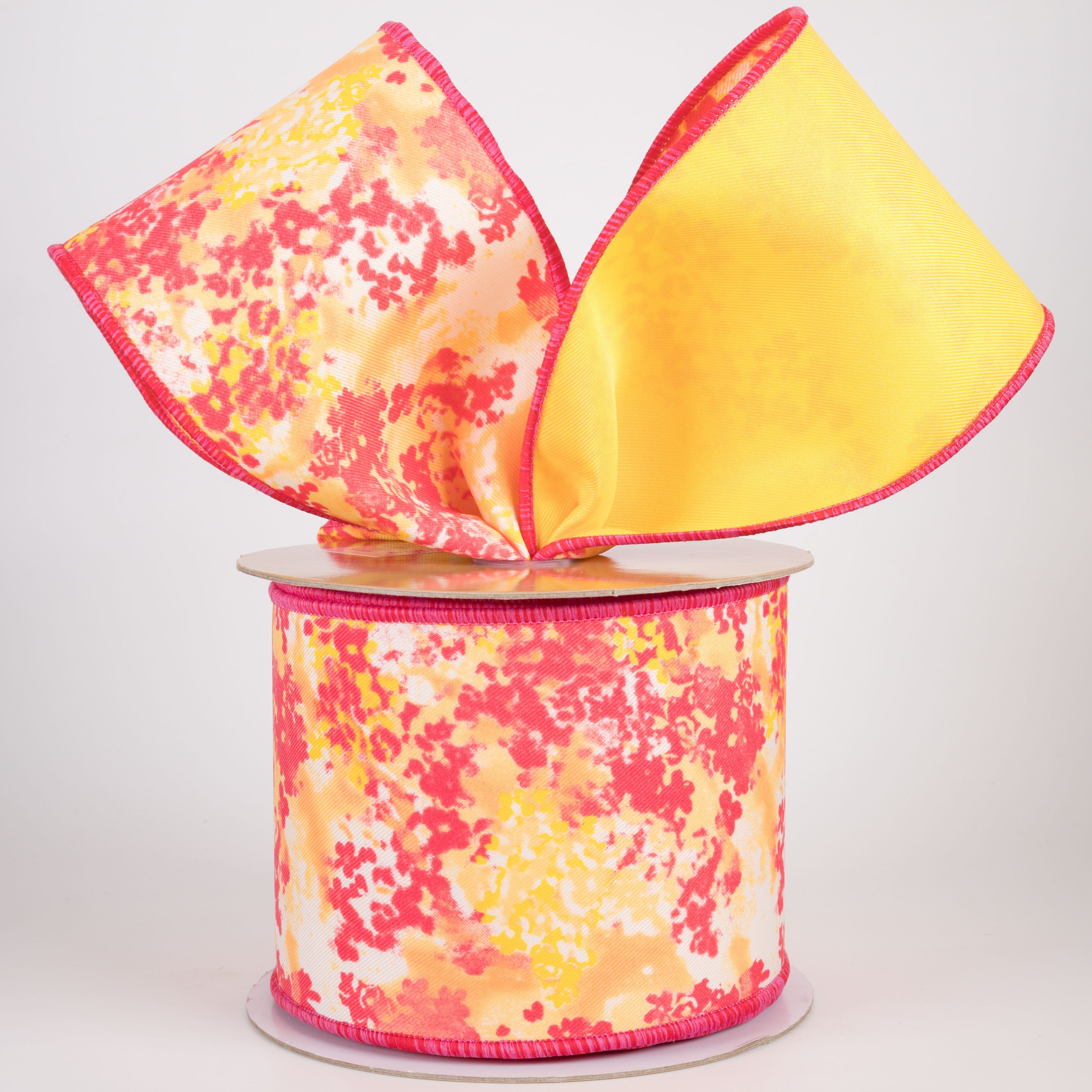4" Double Sided Fused Abstract Print Ribbon: Hot Pink & Yellow (10 Yards) Lifestyle Photo