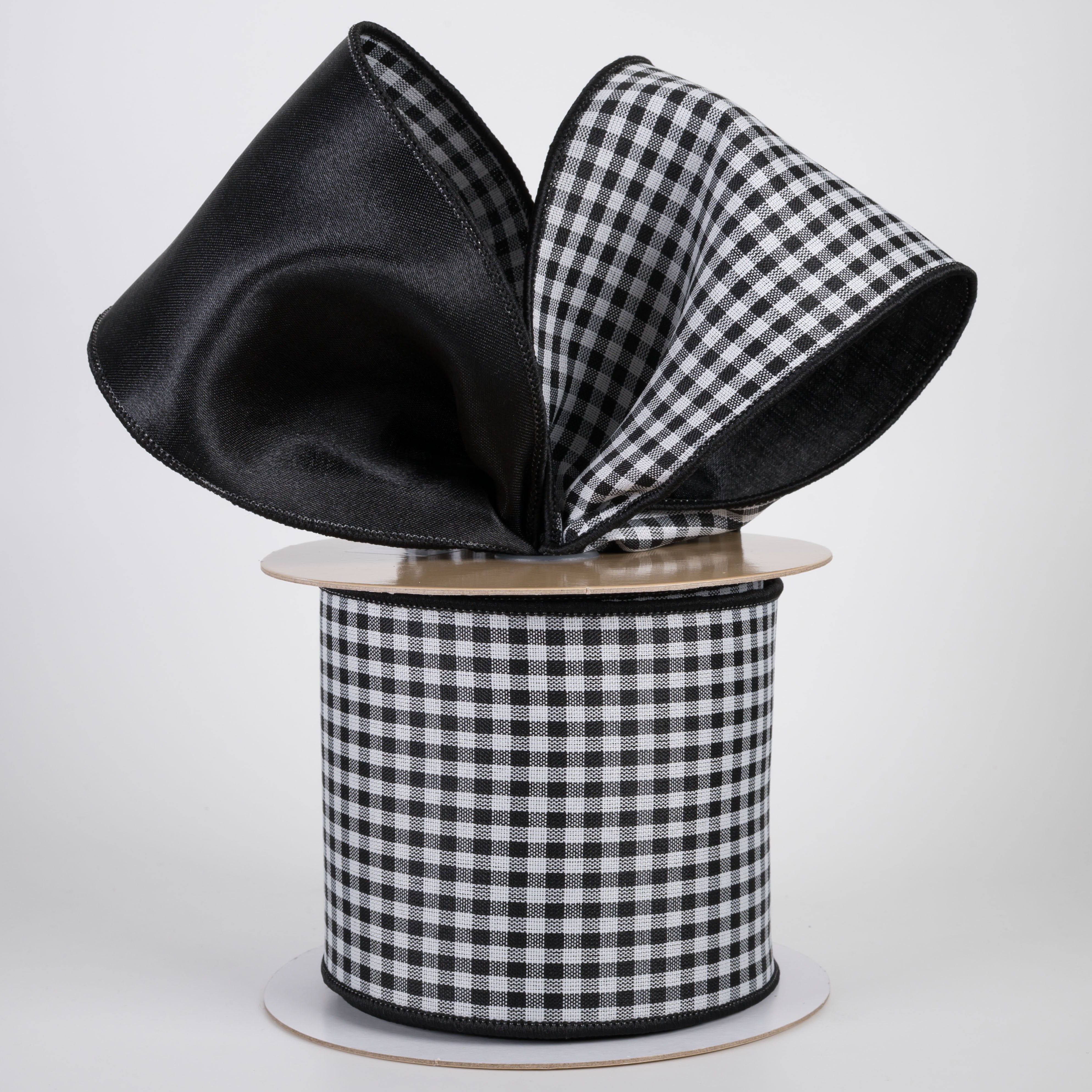 4" Double Sided Fused Check & Satin Ribbon: Black & White (10 Yards) Lifestyle Photo