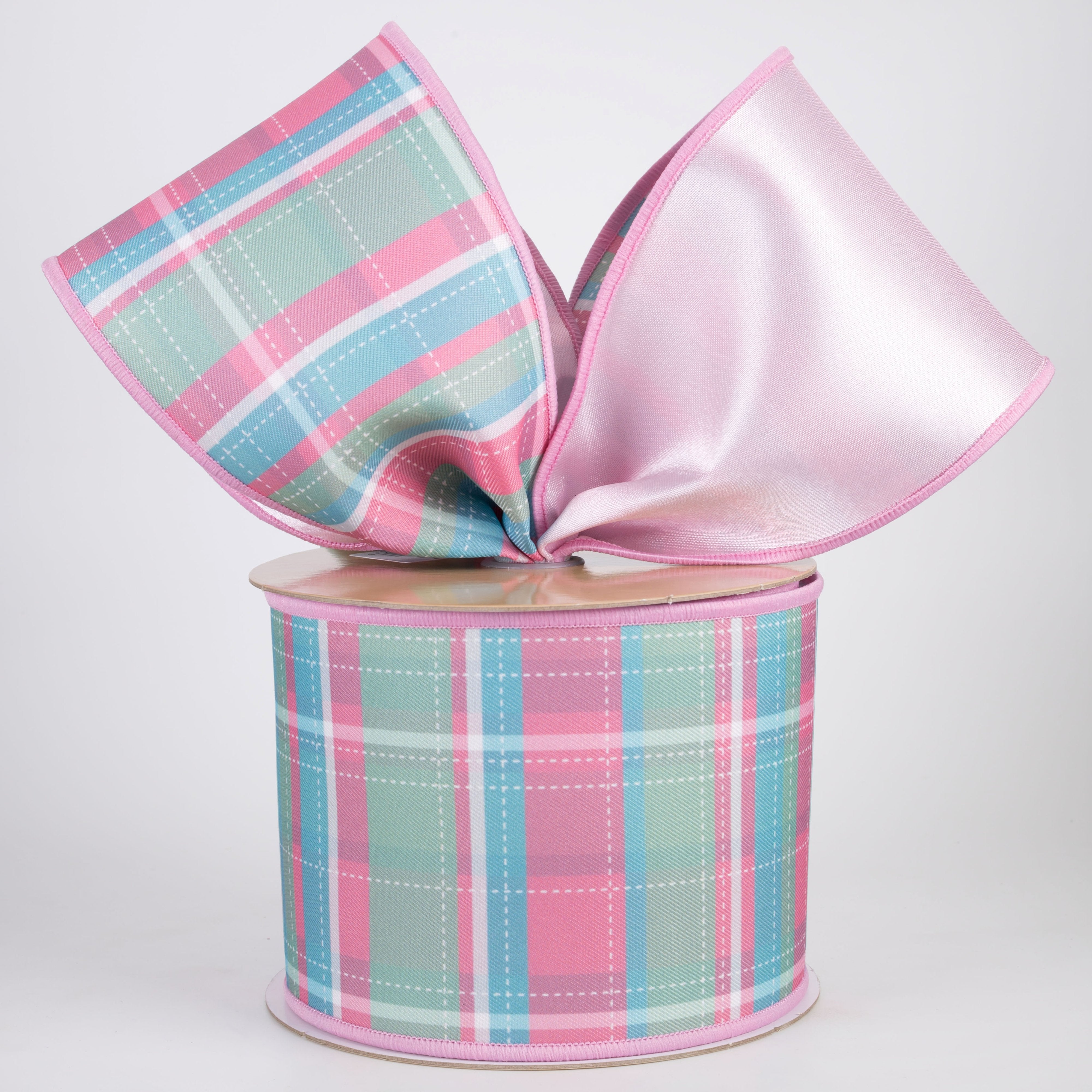 4" Double Sided Fused Dashed Plaid Ribbon: Pink & Mint (10 Yards) Lifestyle Photo