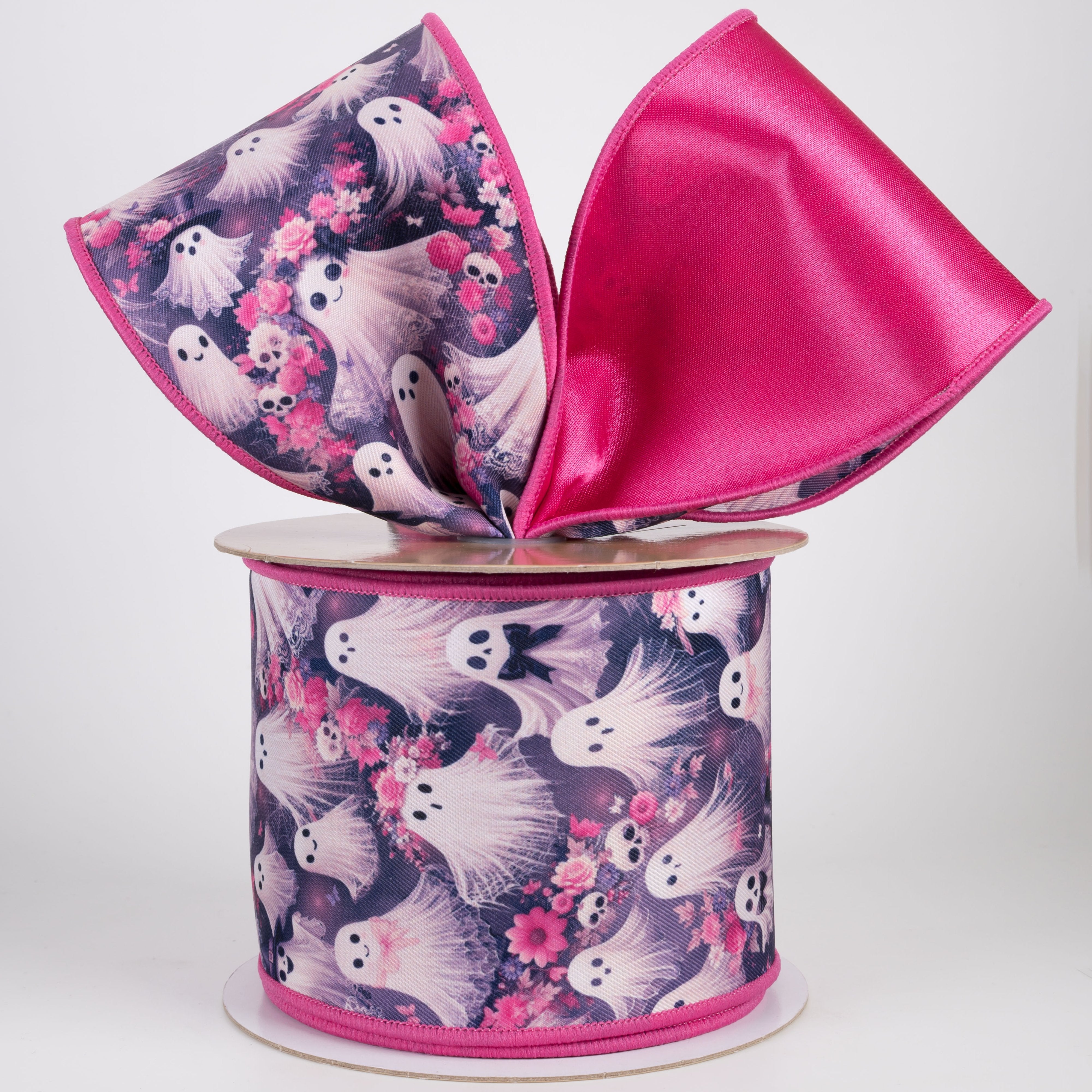 4" Double Sided Fused Fancy Ghosts & Floral Skulls Ribbon: Hot Pink (10 Yards) Lifestyle Photo
