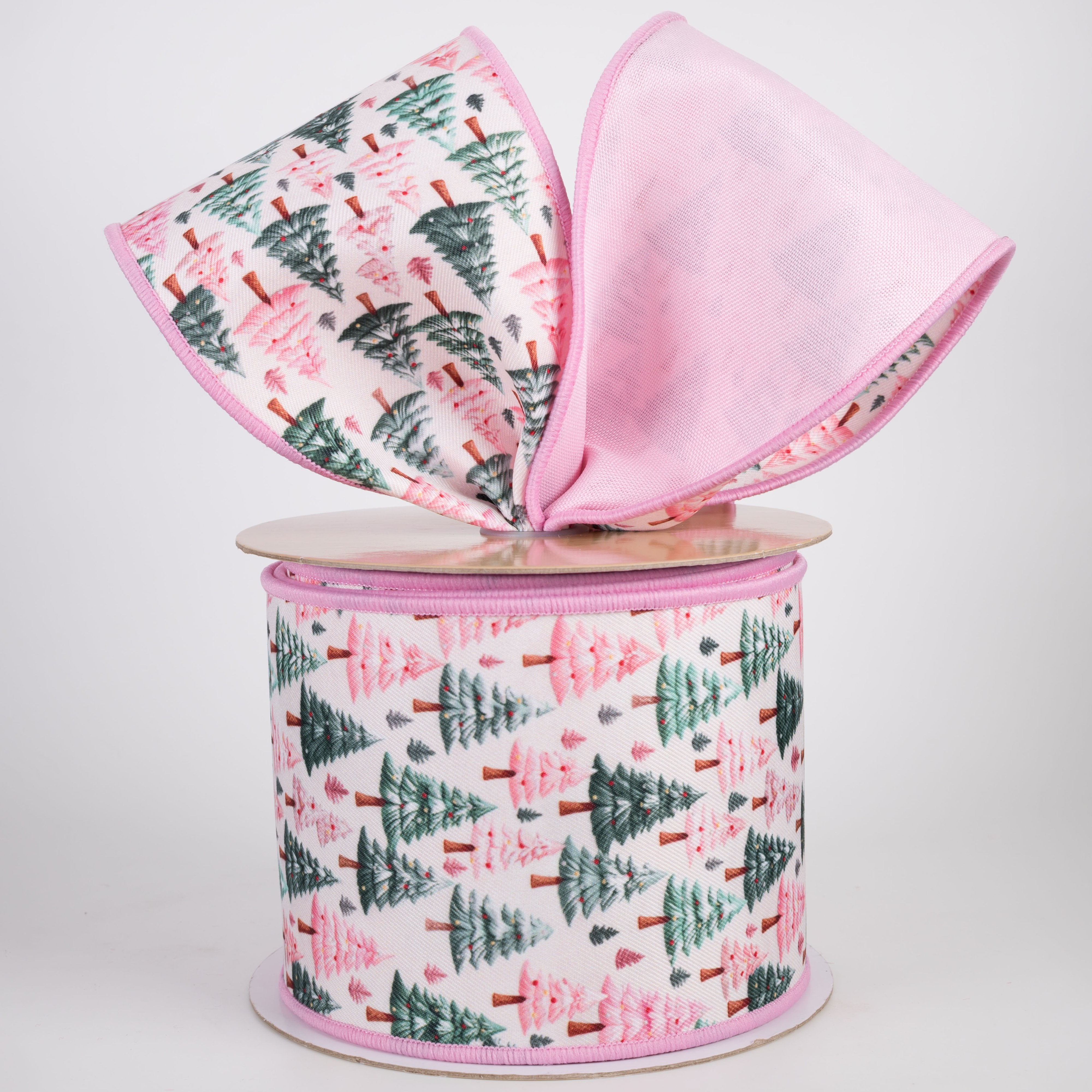 4" Double Sided Fused Festive Christmas Trees Ribbon: Ivory & Pink (10 Yards) Lifestyle Photo