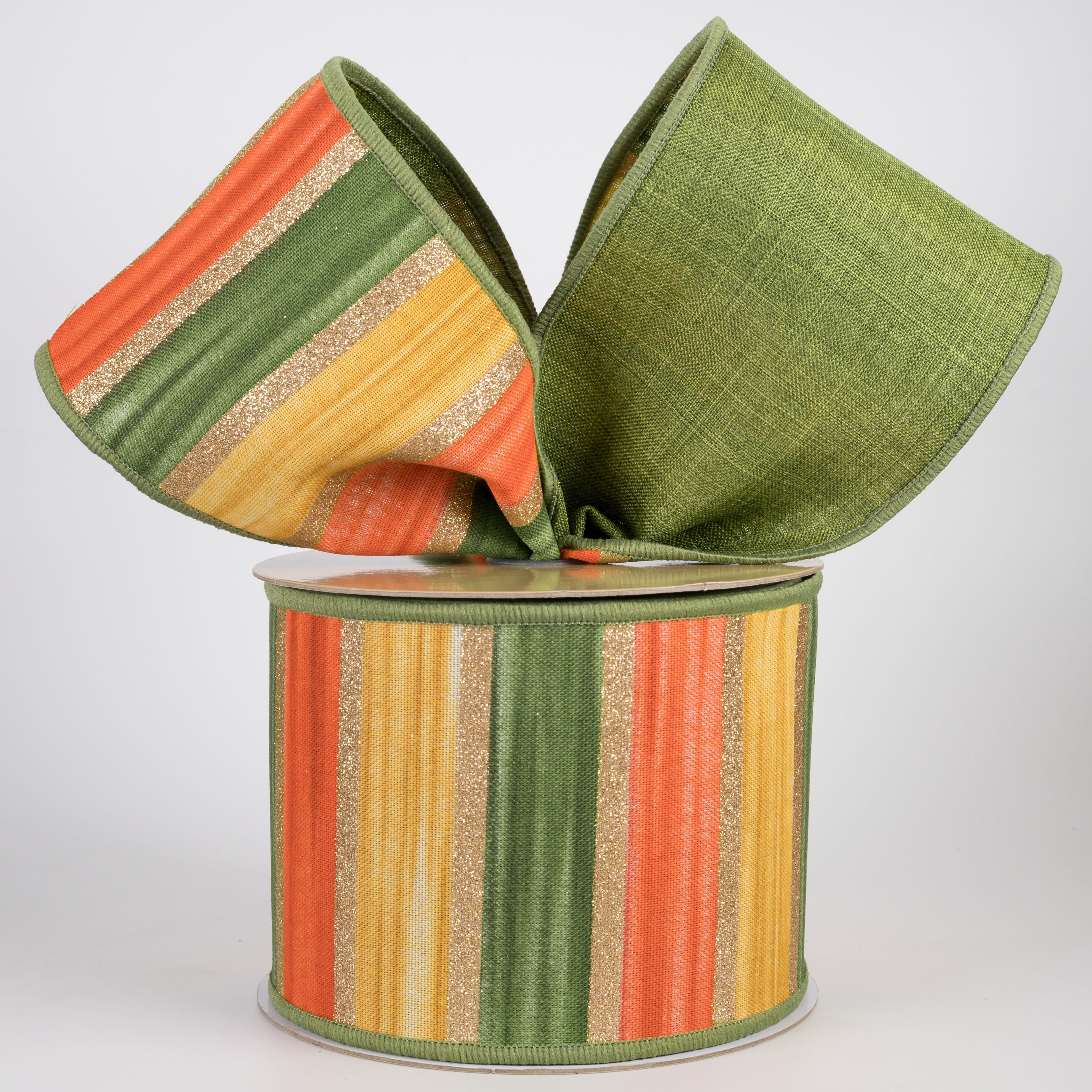4" Double Sided Fused Glittered Watercolor Stripes Ribbon: Moss, Orange & Mustard (10 Yards) Lifestyle Photo