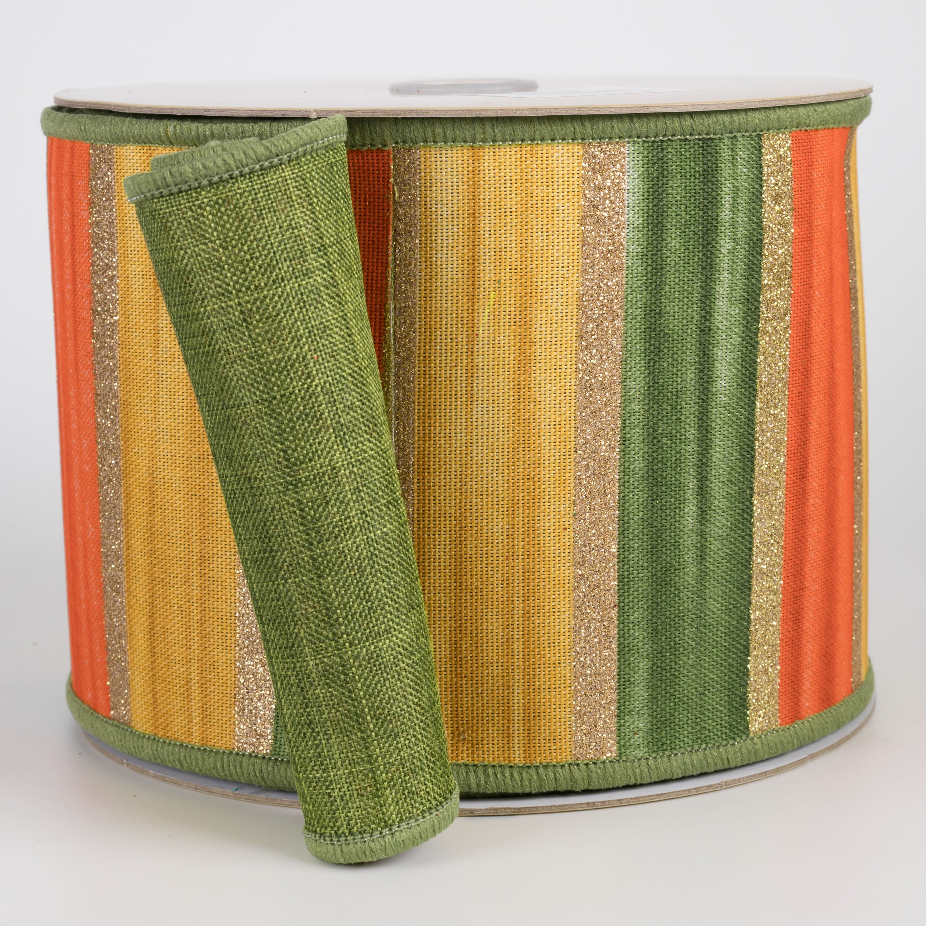 4" Double Sided Fused Glittered Watercolor Stripes Ribbon: Moss, Orange & Mustard (10 Yards) Item Number: LX3345C4