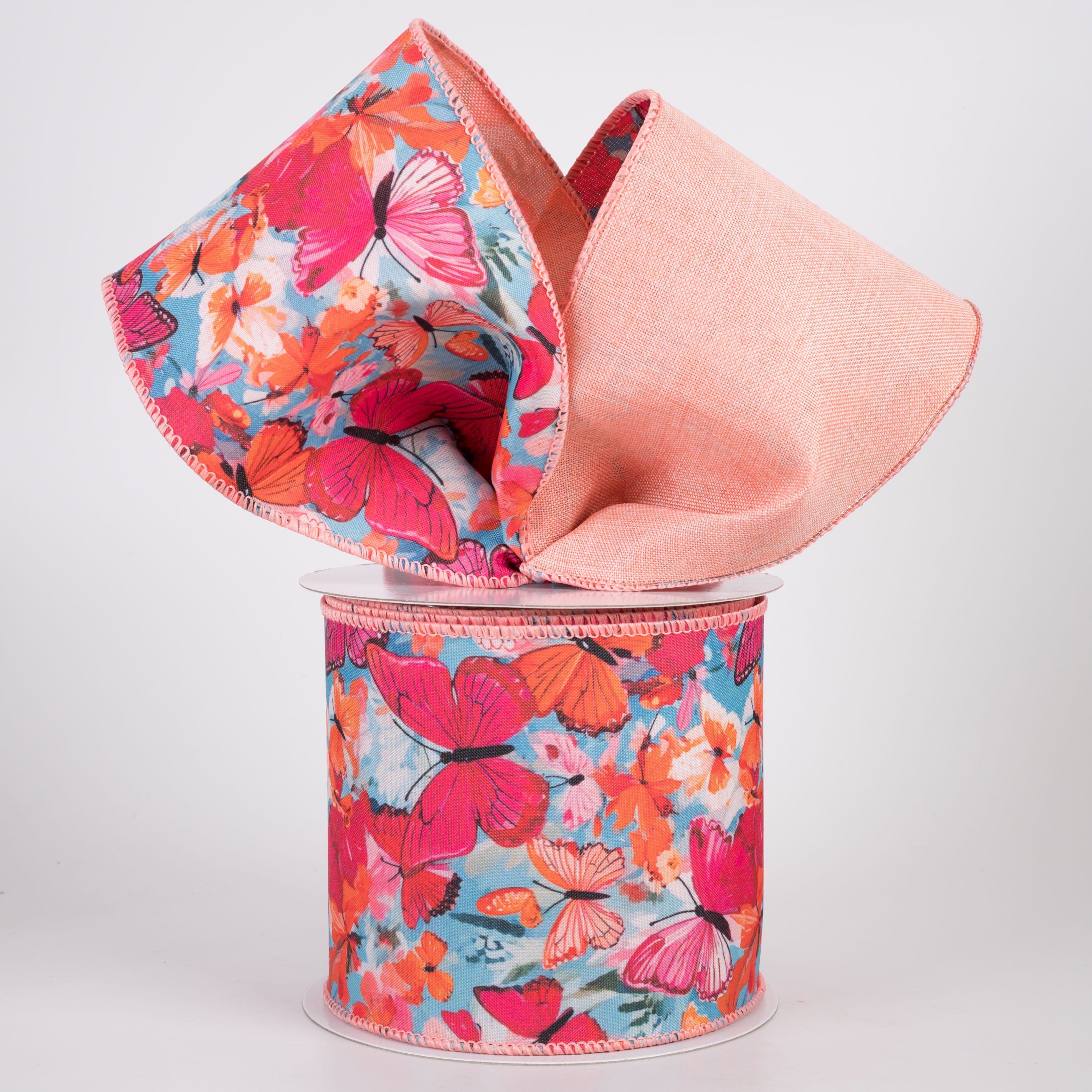 4" Double Sided Fused Oil Painting Butterflies Ribbon: Coral Orange (10 Yards) Lifestyle Photo