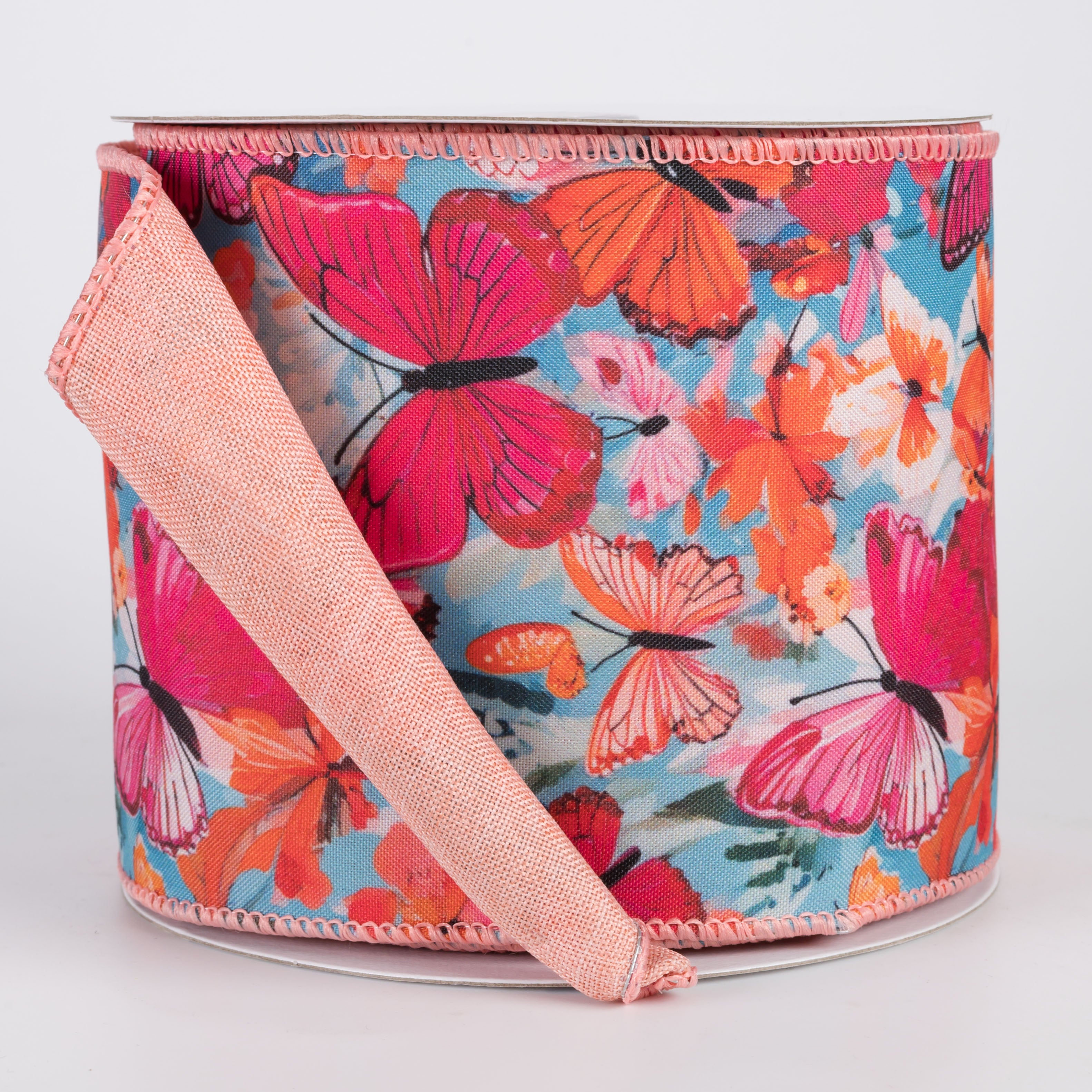 4" Double Sided Fused Oil Painting Butterflies Ribbon: Coral Orange (10 Yards) Item Number: D43605-04-19