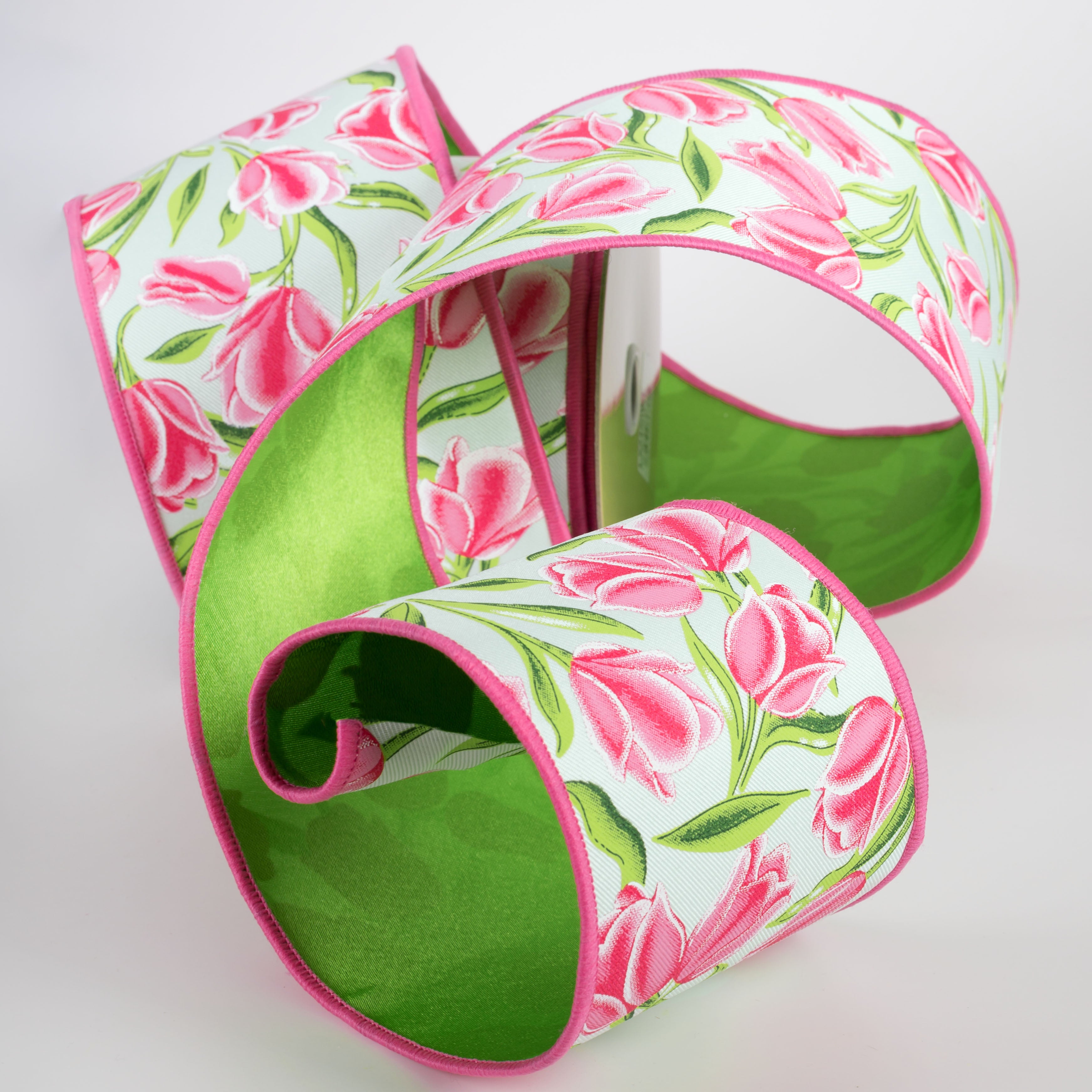 4" Double Sided Fused Tulips Ribbon: Pink & Green (10 Yards) detail photo 3