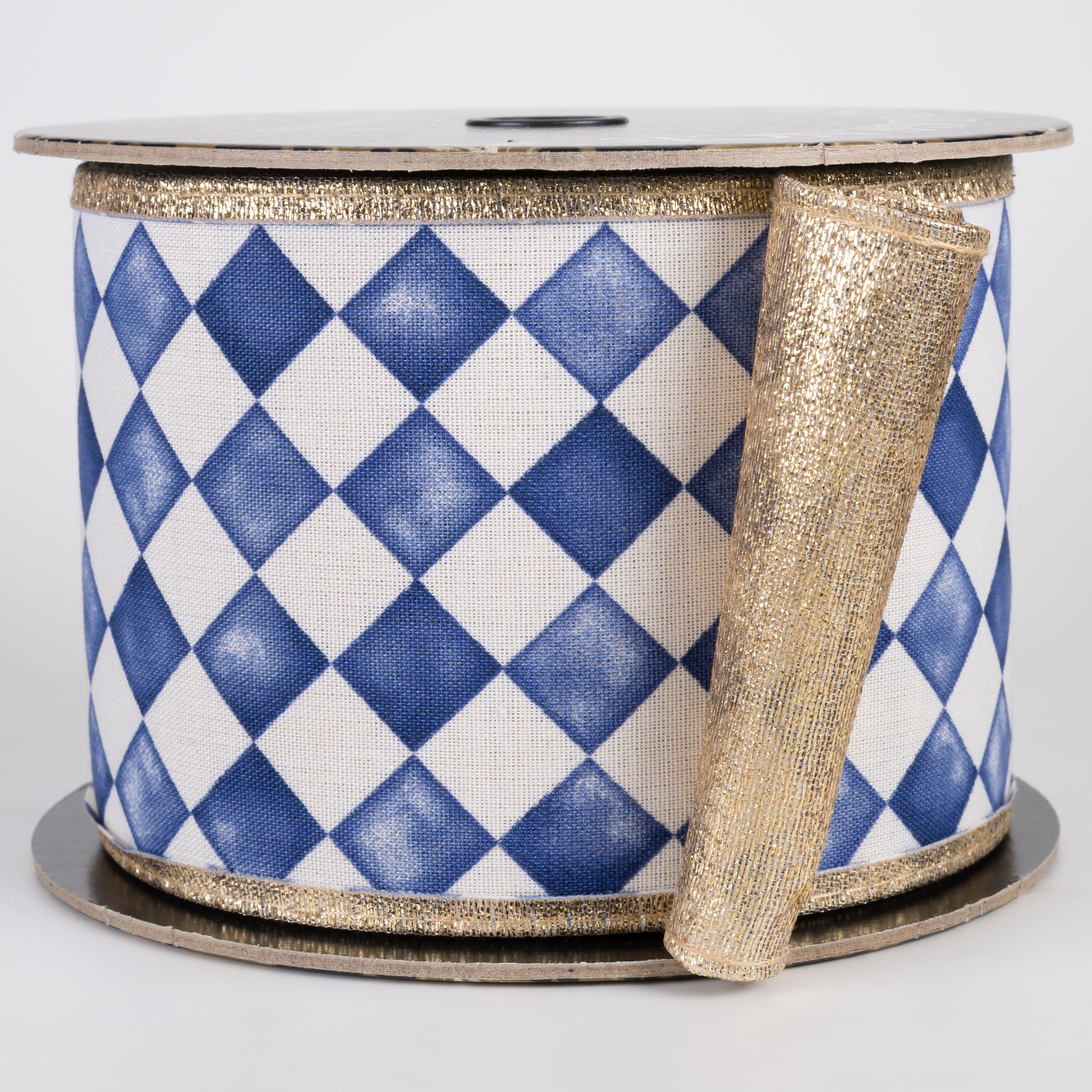 4" Double Sided Watercolor Check Ribbon: Navy & White with Metallic Gold (10 Yards) Item Number: D73639-04-36