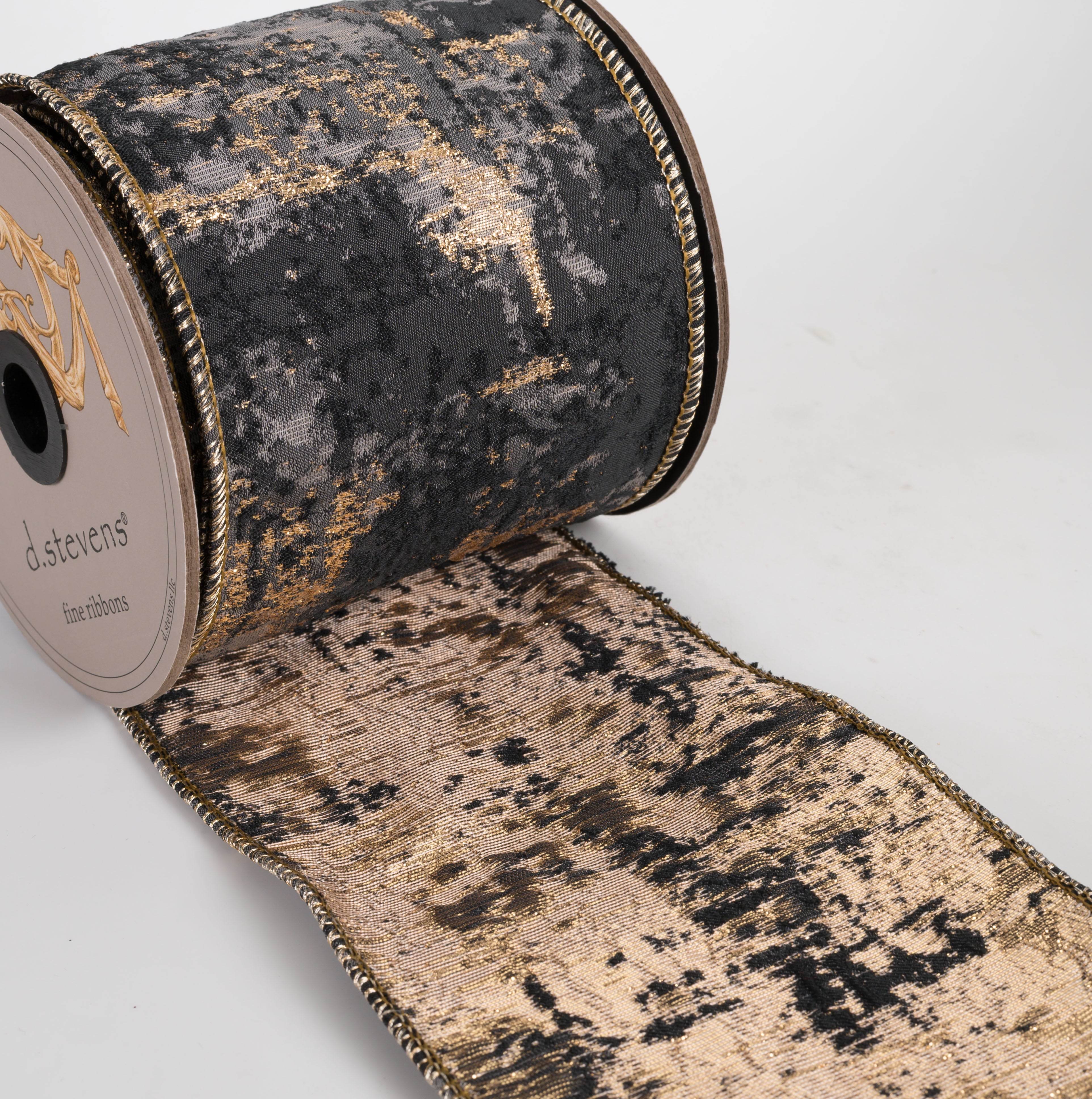 4" Abstract Raised Jacquard Ribbon: Charcoal & Gold (10 Yards)