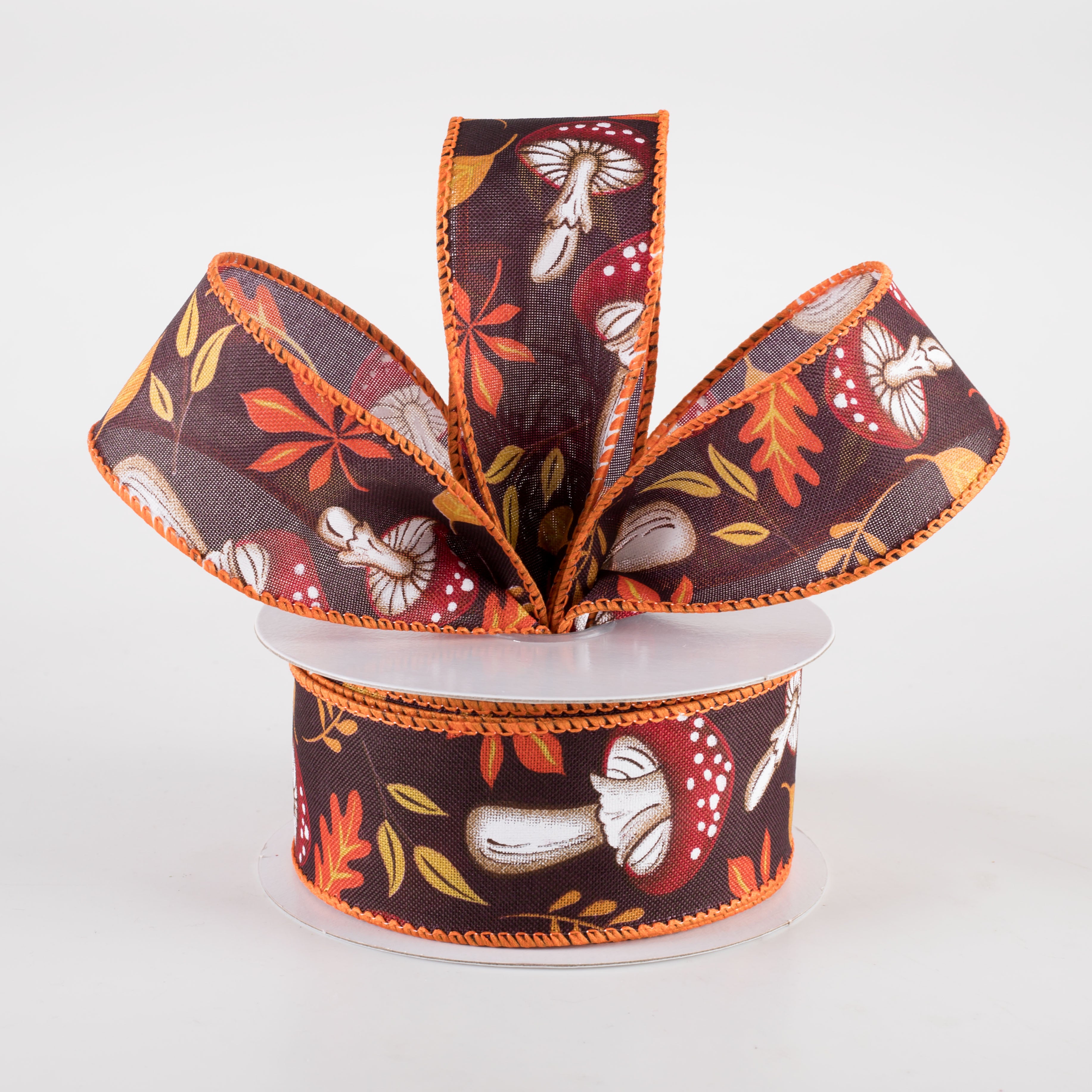 1.5" Earthy Fall Mushrooms Ribbon: Dark Brown (10 Yards) Lifestyle Photo