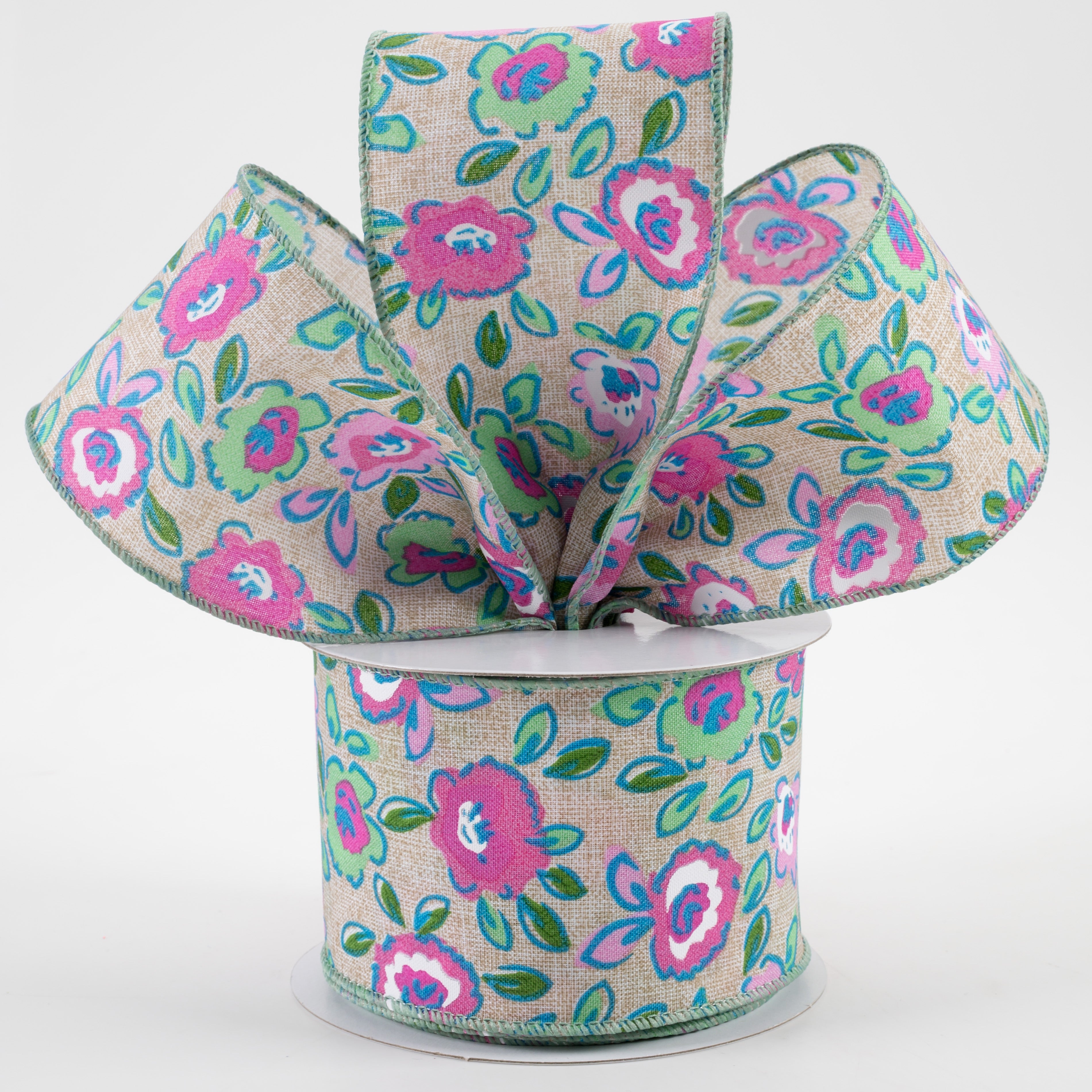 2.5" Electric Flowers Print Linen Ribbon: Natural, Teal, Mint, Pink (10 Yards) Lifestyle Photo