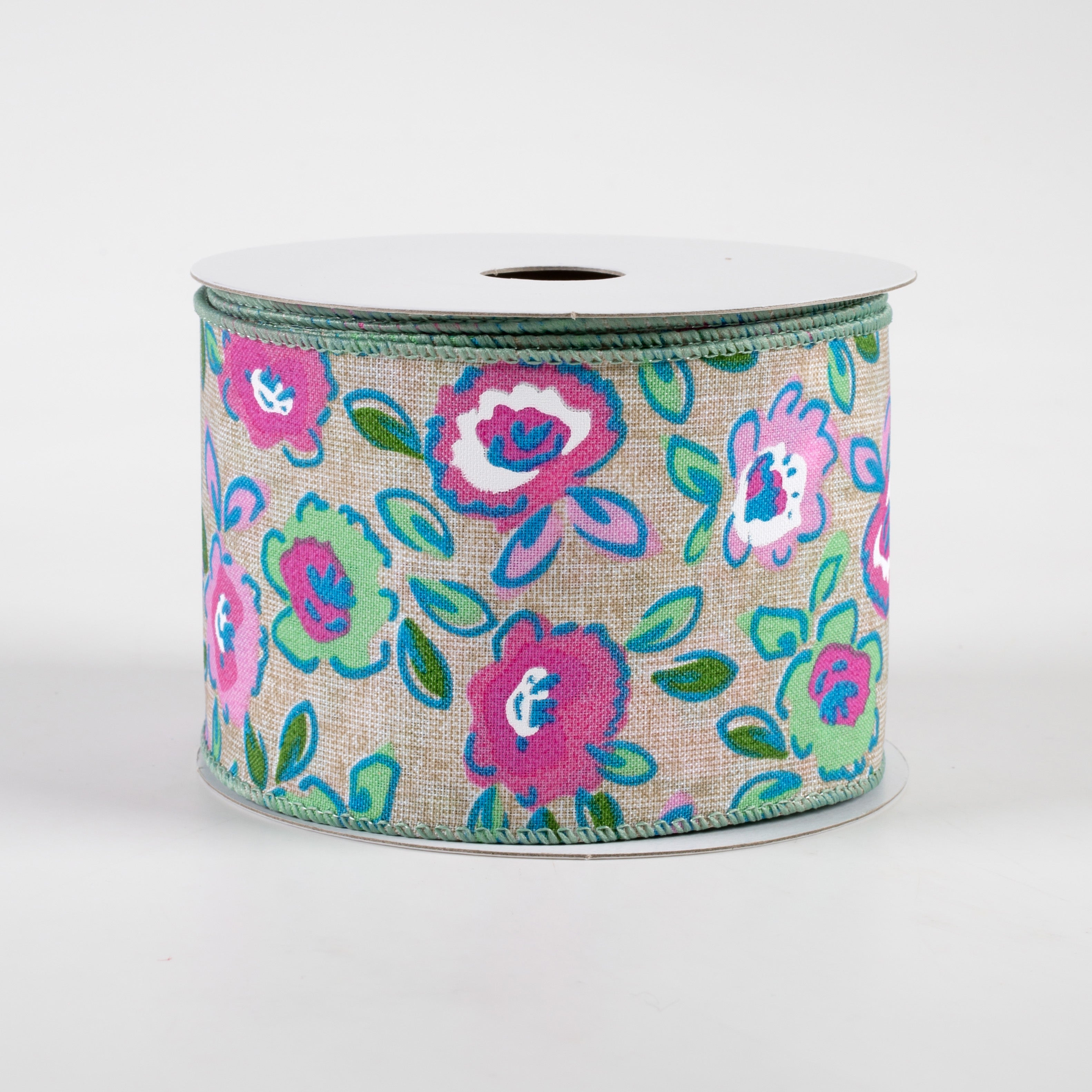 2.5" Electric Flowers Print Linen Ribbon: Natural, Teal, Mint, Pink (10 Yards)