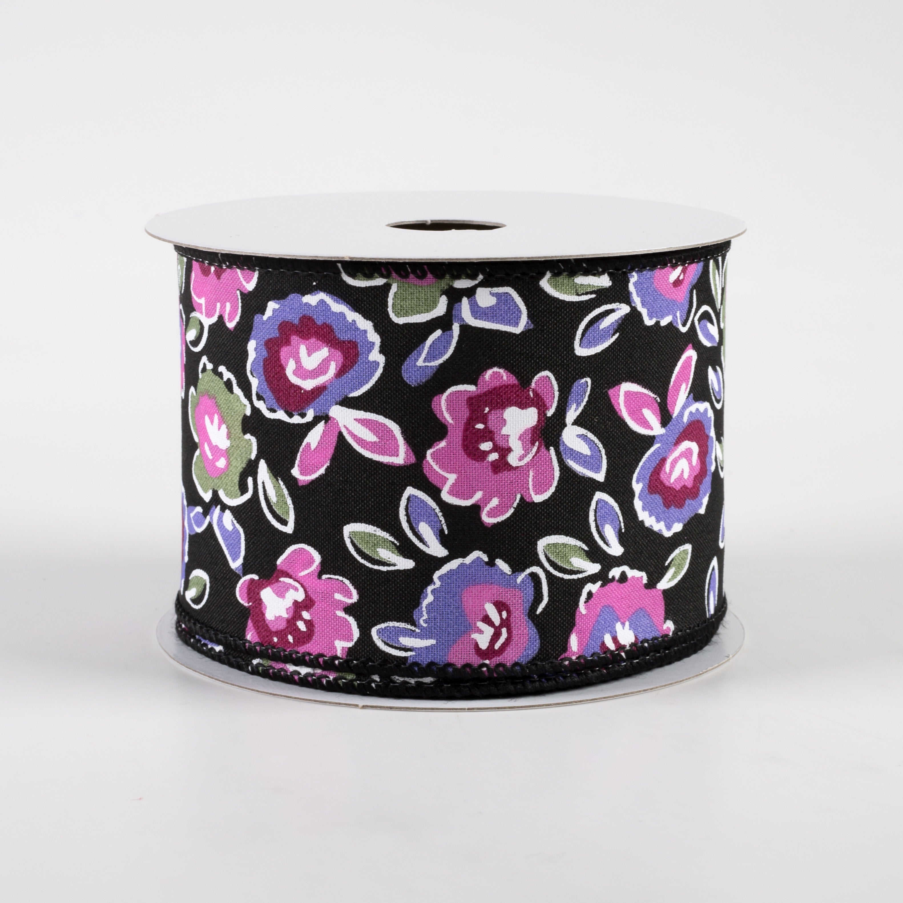 2.5" Electric Flowers Satin Ribbon: Black, Sage, Purple, Pink (10 Yards) Item Number: 41333-40-21